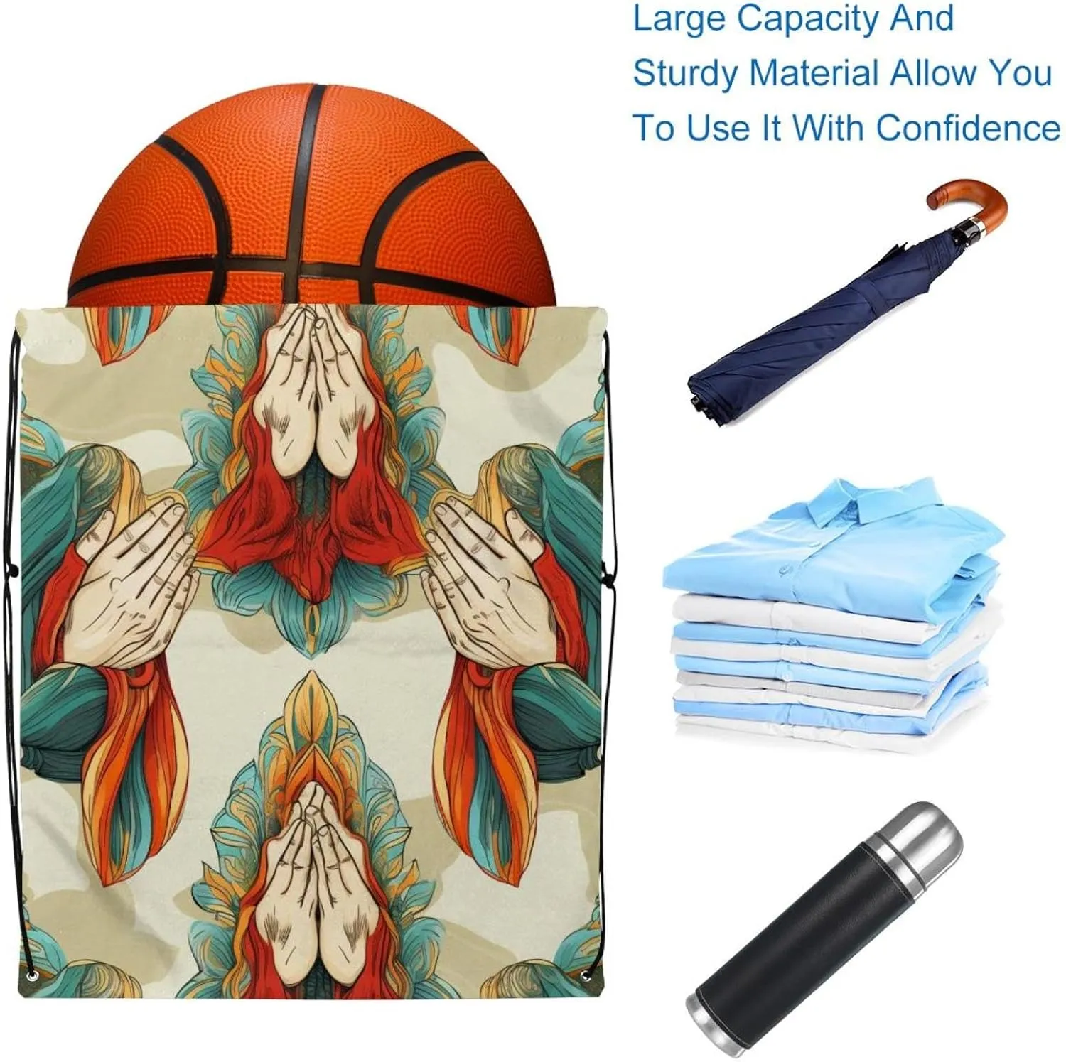 2 Pcs Praying hands Drawstring Backpack Sports Gym Sack pack String Bag for Women Men
