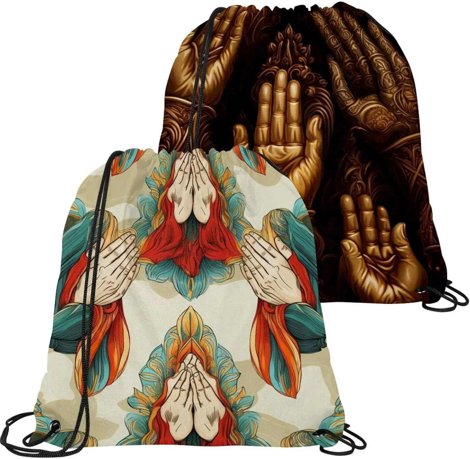 2 Pcs Praying hands Drawstring Backpack Sports Gym Sack pack String Bag for Women Men