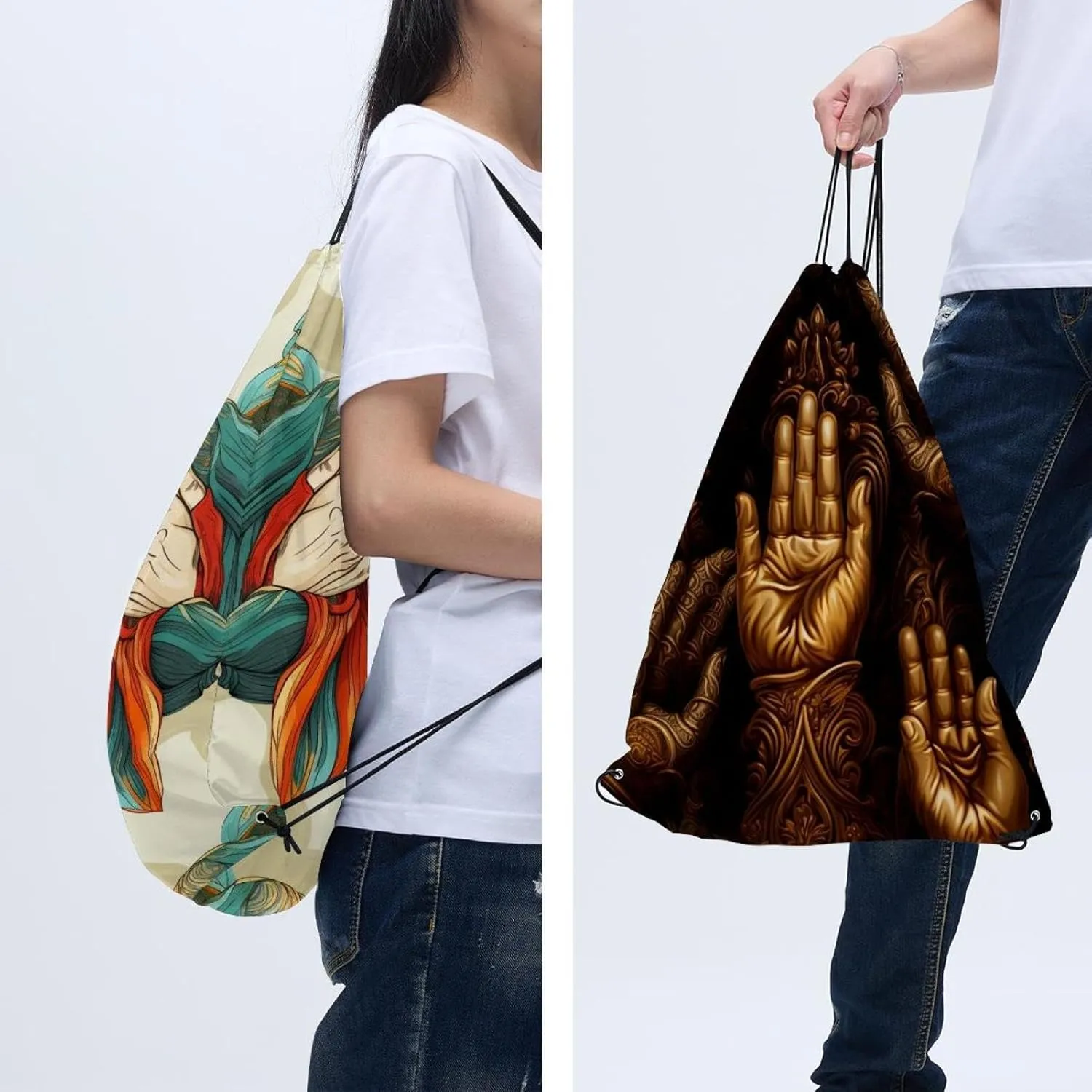 2 Pcs Praying hands Drawstring Backpack Sports Gym Sack pack String Bag for Women Men