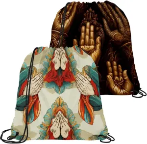 2 Pcs Praying hands Drawstring Backpack Sports Gym Sack pack String Bag for Women Men