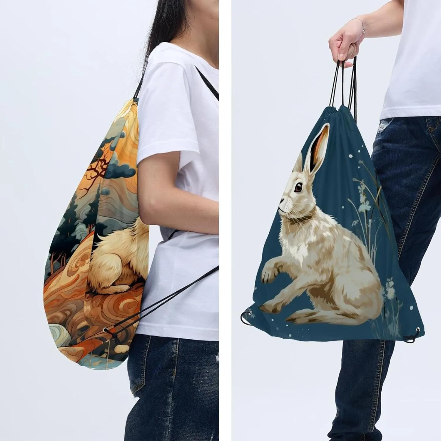 2 Pcs Rabbit Bunny Drawstring Backpack Bag Sport Gym Sack pack