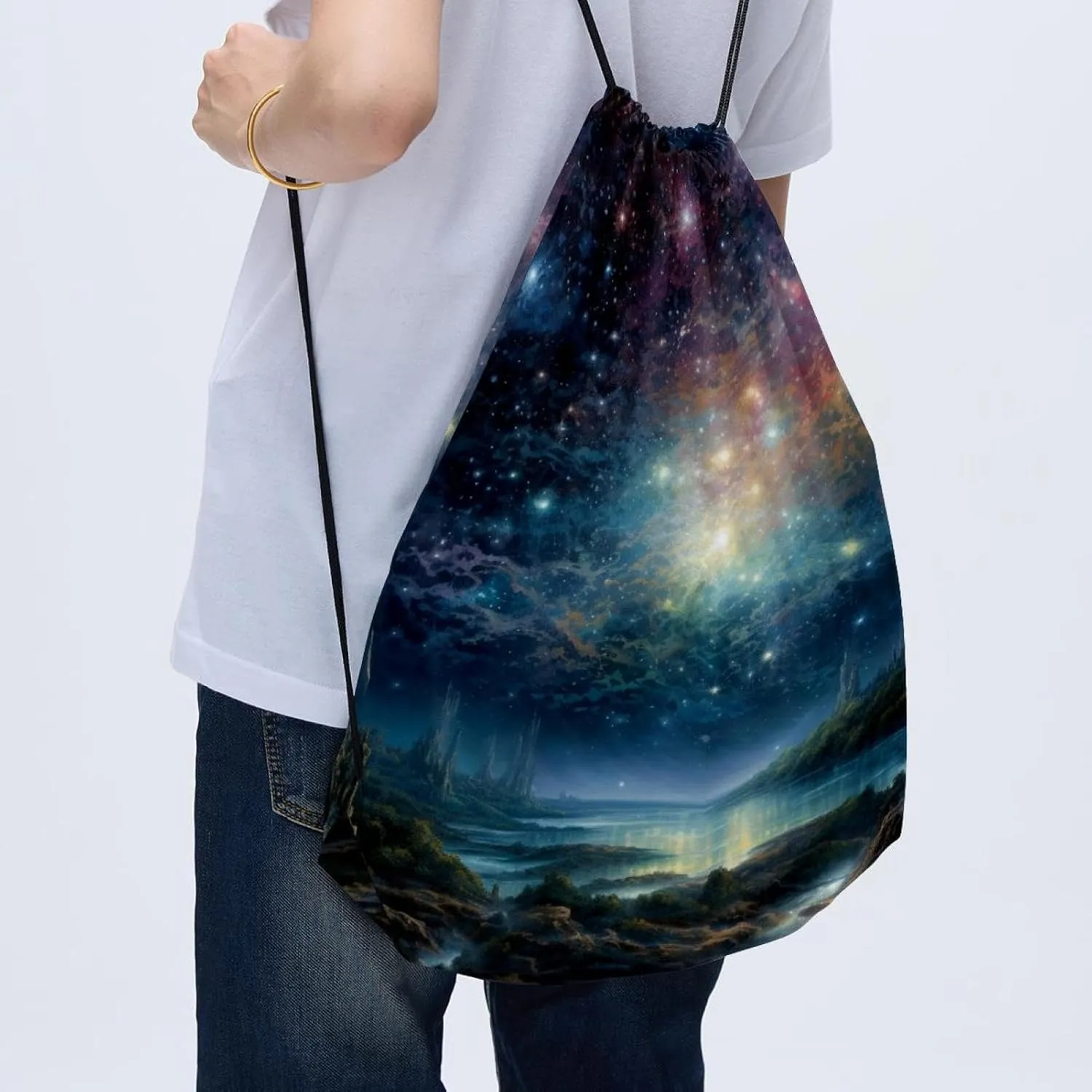 2 Pcs Stars Nebula Drawstring Backpack Sports Gym Sack pack String Bag for Women Men
