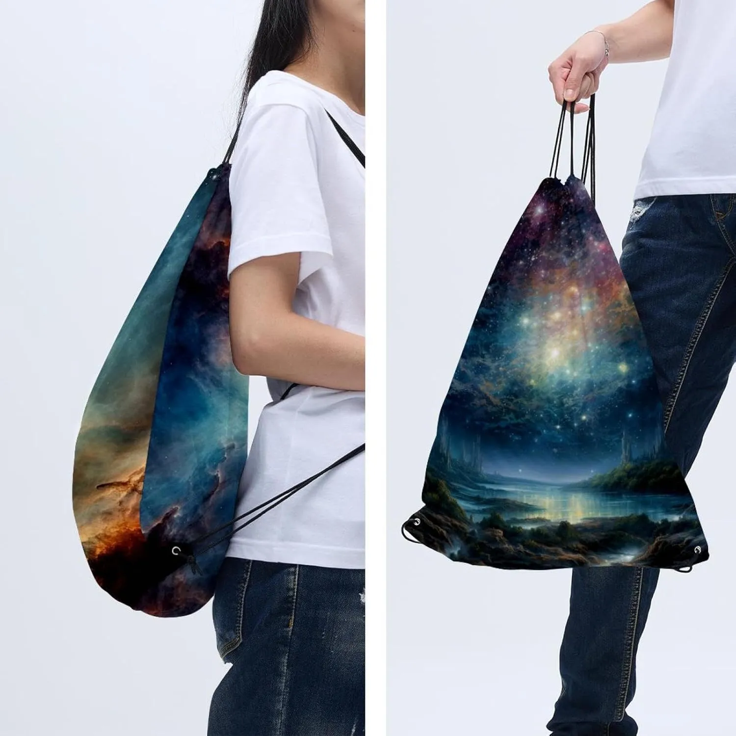 2 Pcs Stars Nebula Drawstring Backpack Sports Gym Sack pack String Bag for Women Men