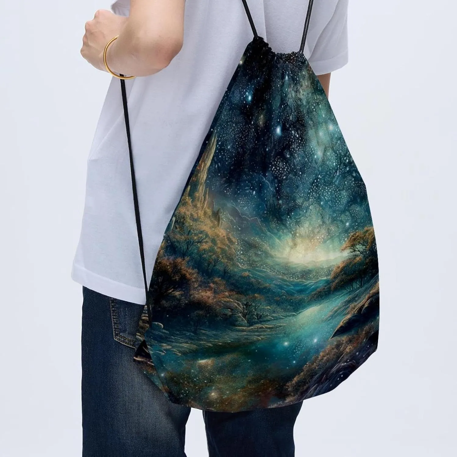 2 Pcs Stars Nebula Drawstring Backpack String Bag Sports Sack pack Gym Sack Side Pocket for Men Women