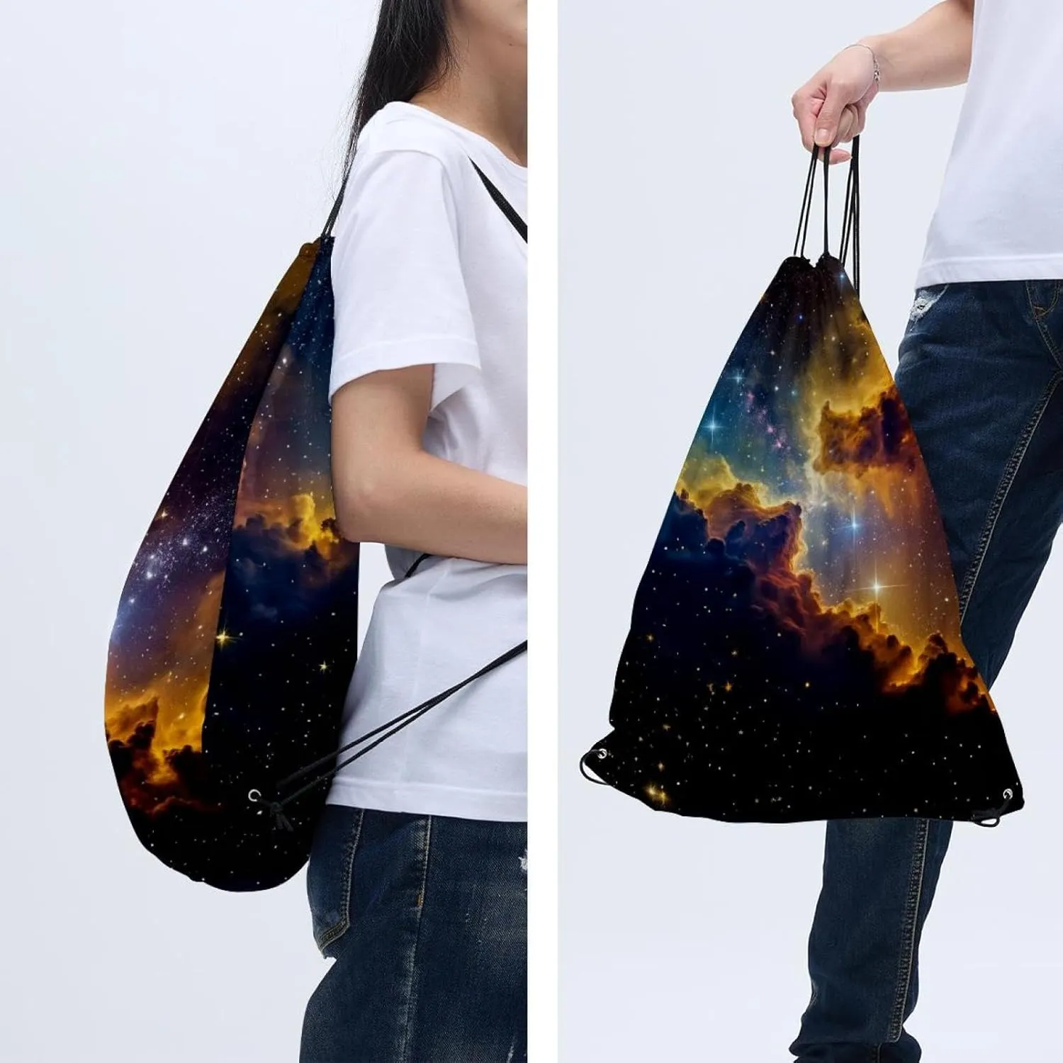 2 Pcs Stars Nebula Drawstring Backpack String Bag Sports Sack pack Gym Sack Side Pocket for Men Women