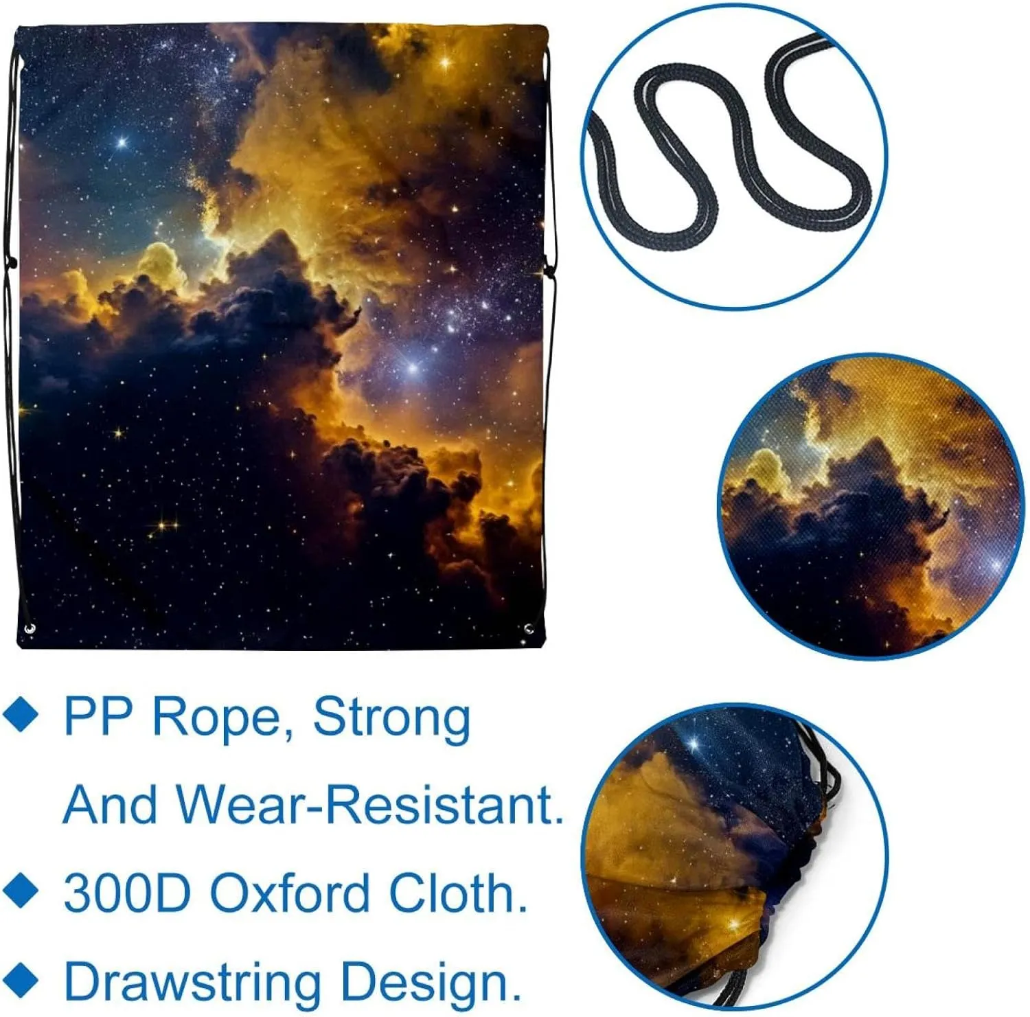 2 Pcs Stars Nebula Drawstring Backpack String Bag Sports Sack pack Gym Sack Side Pocket for Men Women