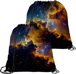 2 Pcs Stars Nebula Drawstring Backpack String Bag Sports Sack pack Gym Sack Side Pocket for Men Women