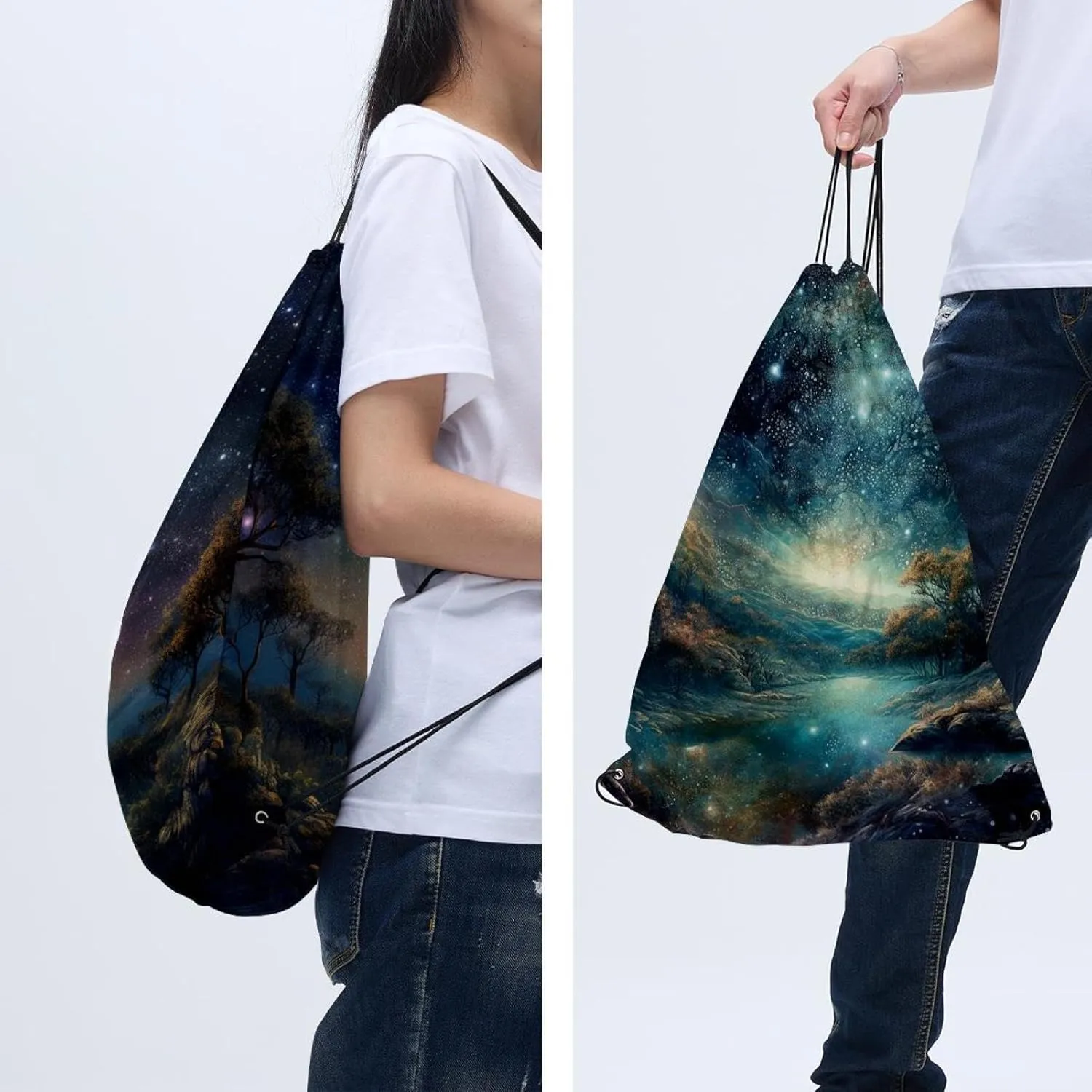 2 Pcs Stars Nebula Drawstring Backpack String Bag Sports Sack pack Gym Sack Side Pocket for Men Women
