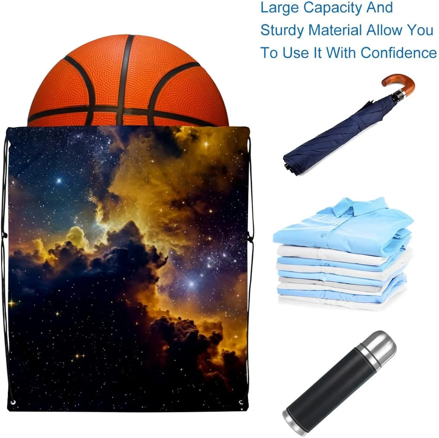 2 Pcs Stars Nebula Drawstring Backpack String Bag Sports Sack pack Gym Sack Side Pocket for Men Women