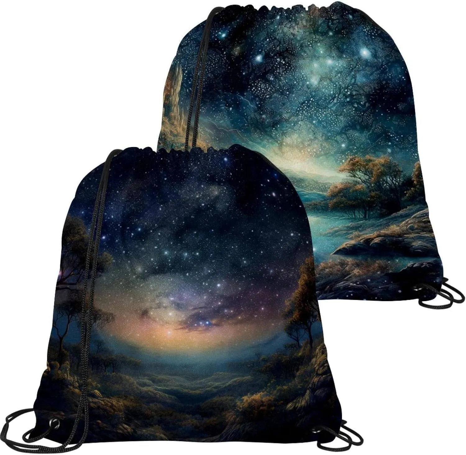 2 Pcs Stars Nebula Drawstring Backpack String Bag Sports Sack pack Gym Sack Side Pocket for Men Women