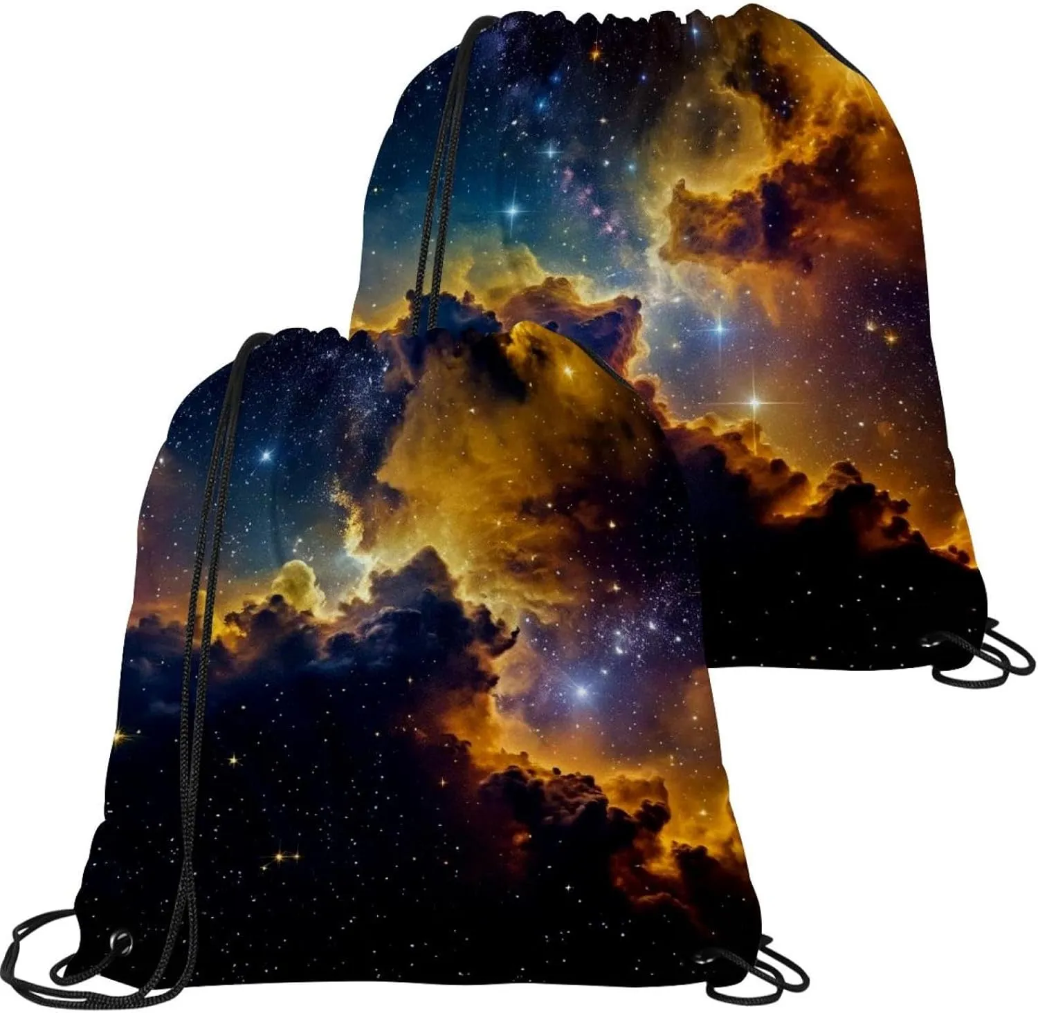 2 Pcs Stars Nebula Drawstring Backpack String Bag Sports Sack pack Gym Sack Side Pocket for Men Women