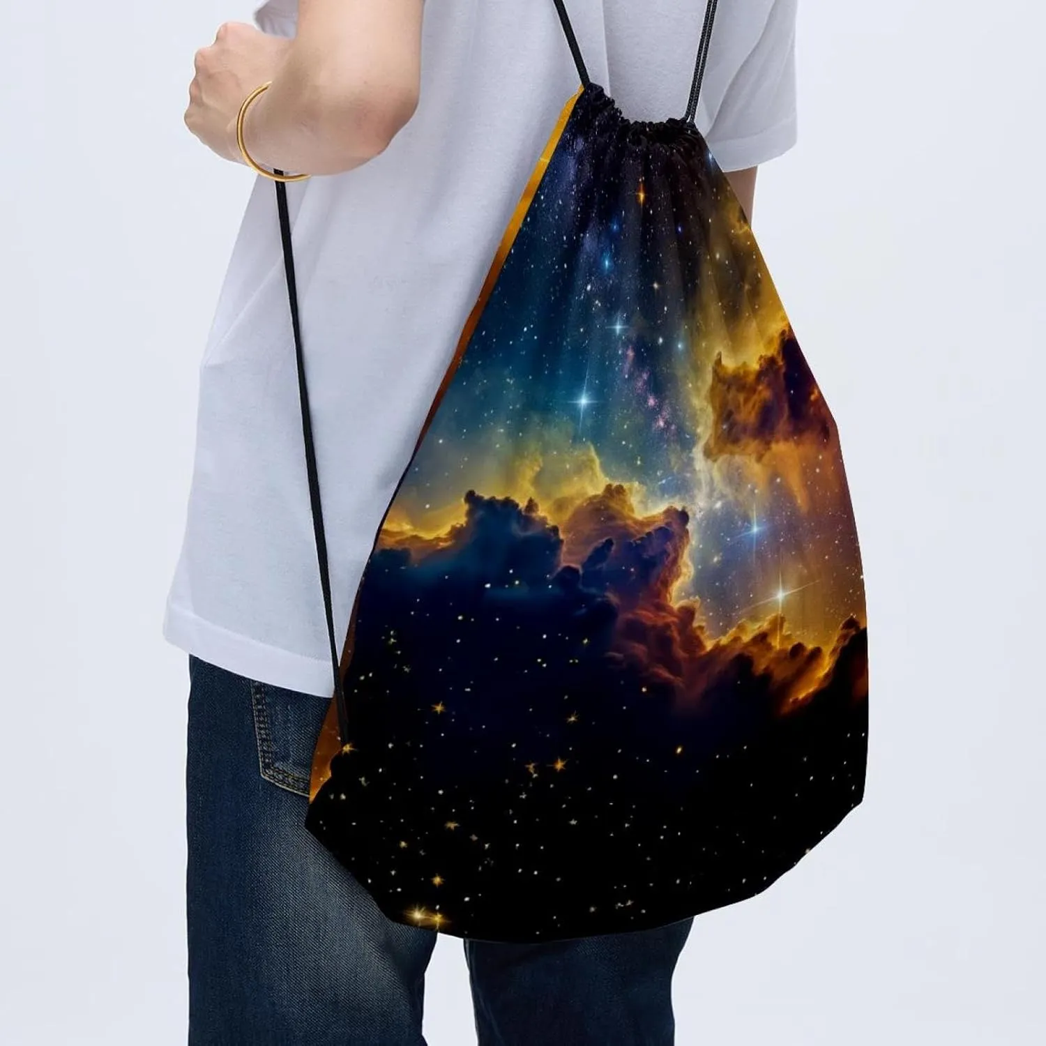2 Pcs Stars Nebula Drawstring Backpack String Bag Sports Sack pack Gym Sack Side Pocket for Men Women