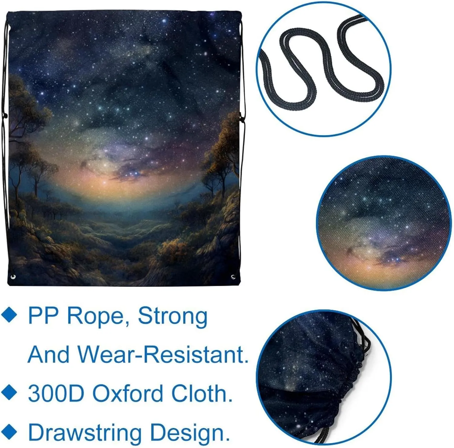 2 Pcs Stars Nebula Drawstring Backpack String Bag Sports Sack pack Gym Sack Side Pocket for Men Women
