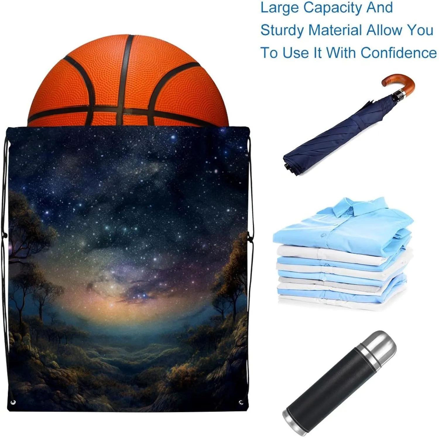 2 Pcs Stars Nebula Drawstring Backpack String Bag Sports Sack pack Gym Sack Side Pocket for Men Women