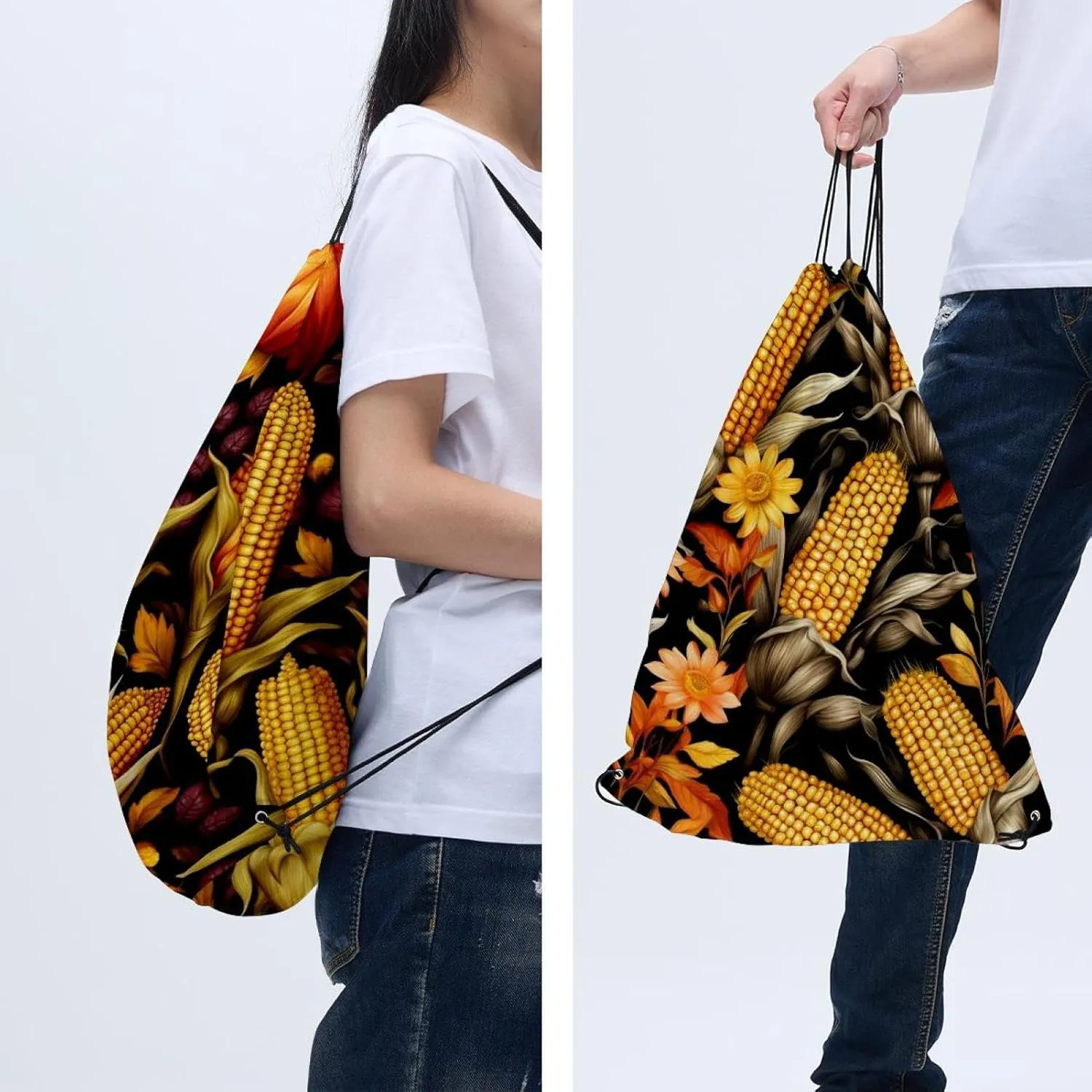2 Pcs Thanksgiving Corn Drawstring Backpack Bag Sport Gym Sack pack