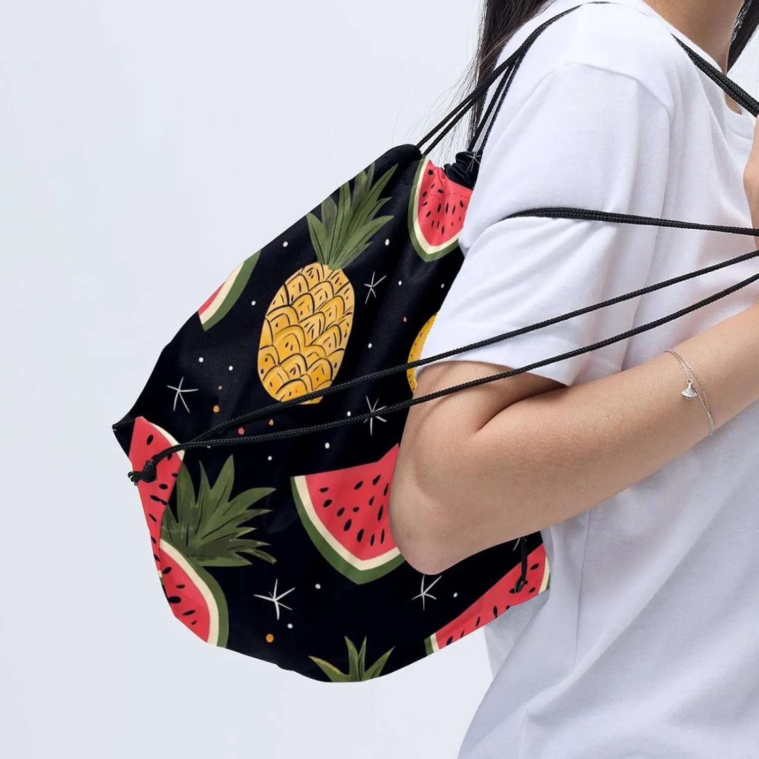 2 Pcs watermelon pineapple 9 Drawstring Backpack String Bag Sports Sack pack Gym Sack Side Pocket for Men Women