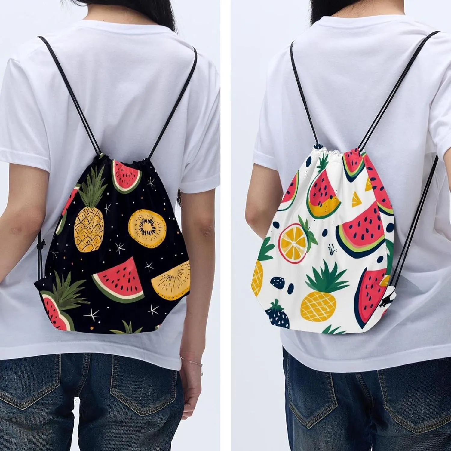 2 Pcs watermelon pineapple 9 Drawstring Backpack String Bag Sports Sack pack Gym Sack Side Pocket for Men Women