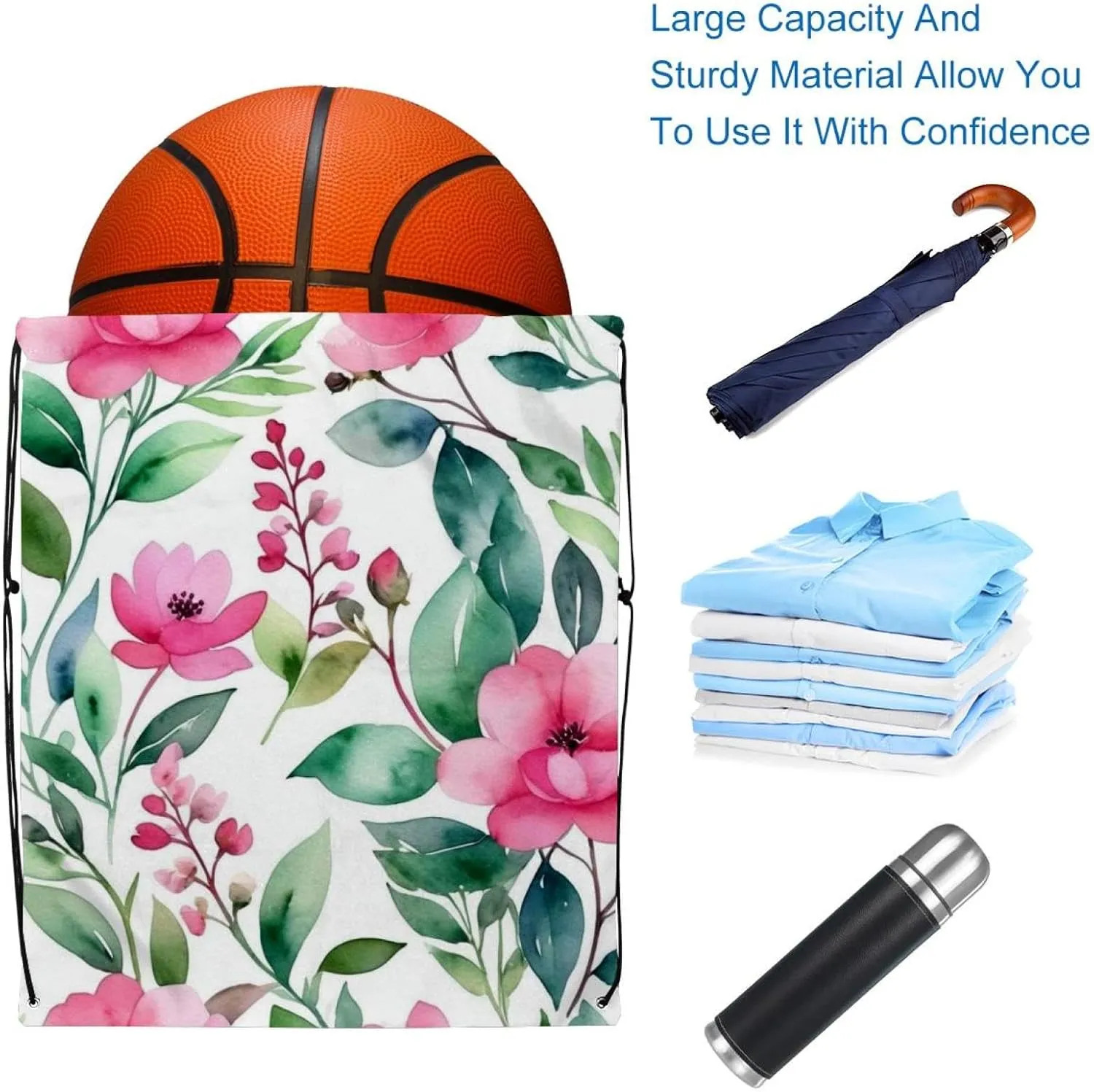 2 Pieces Drawstring Backpacks, Flowers and Green Leaves Draw String Back Bag Drawstring Bags for Sports, Gym, Travel, Swimming, Beach
