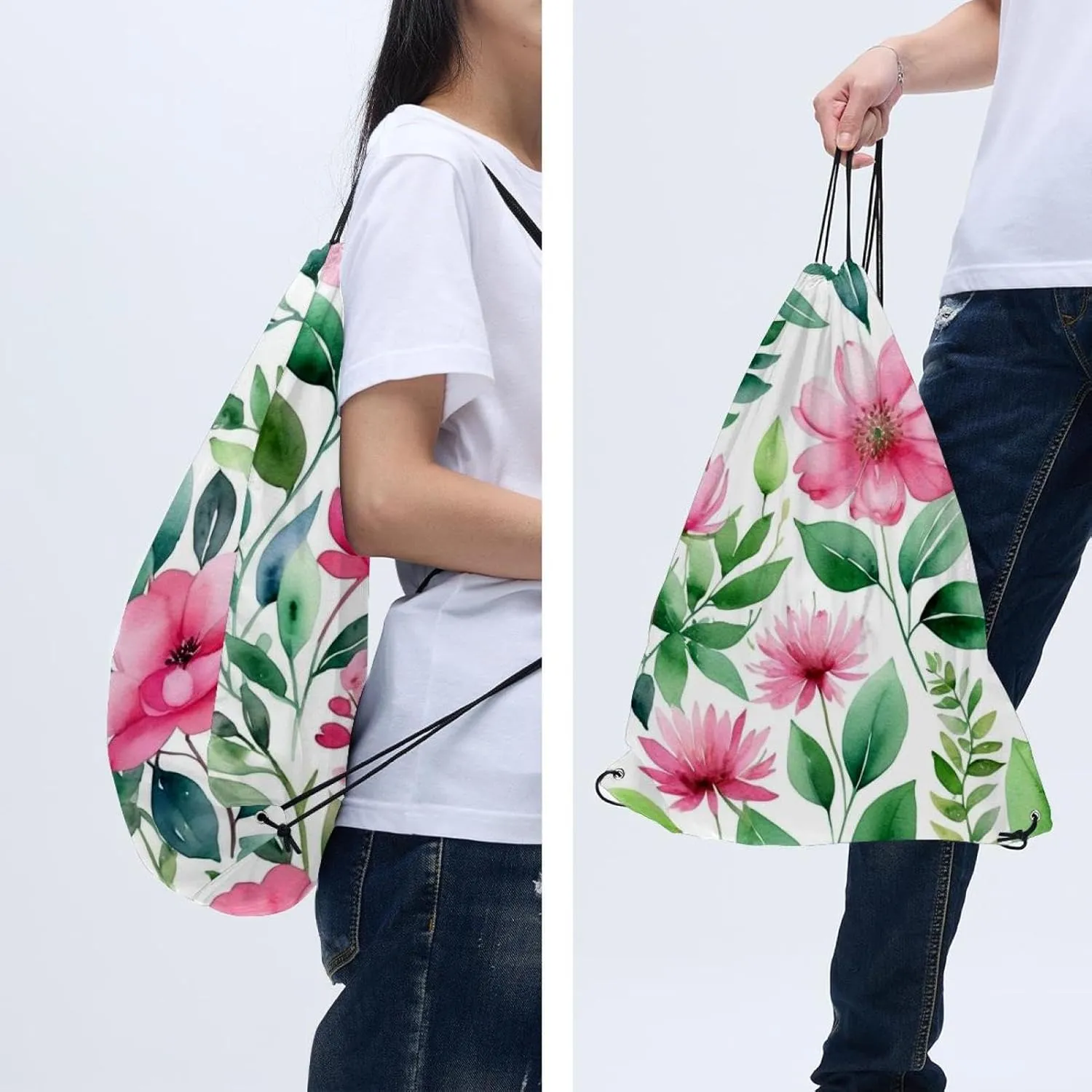 2 Pieces Drawstring Backpacks, Flowers and Green Leaves Draw String Back Bag Drawstring Bags for Sports, Gym, Travel, Swimming, Beach