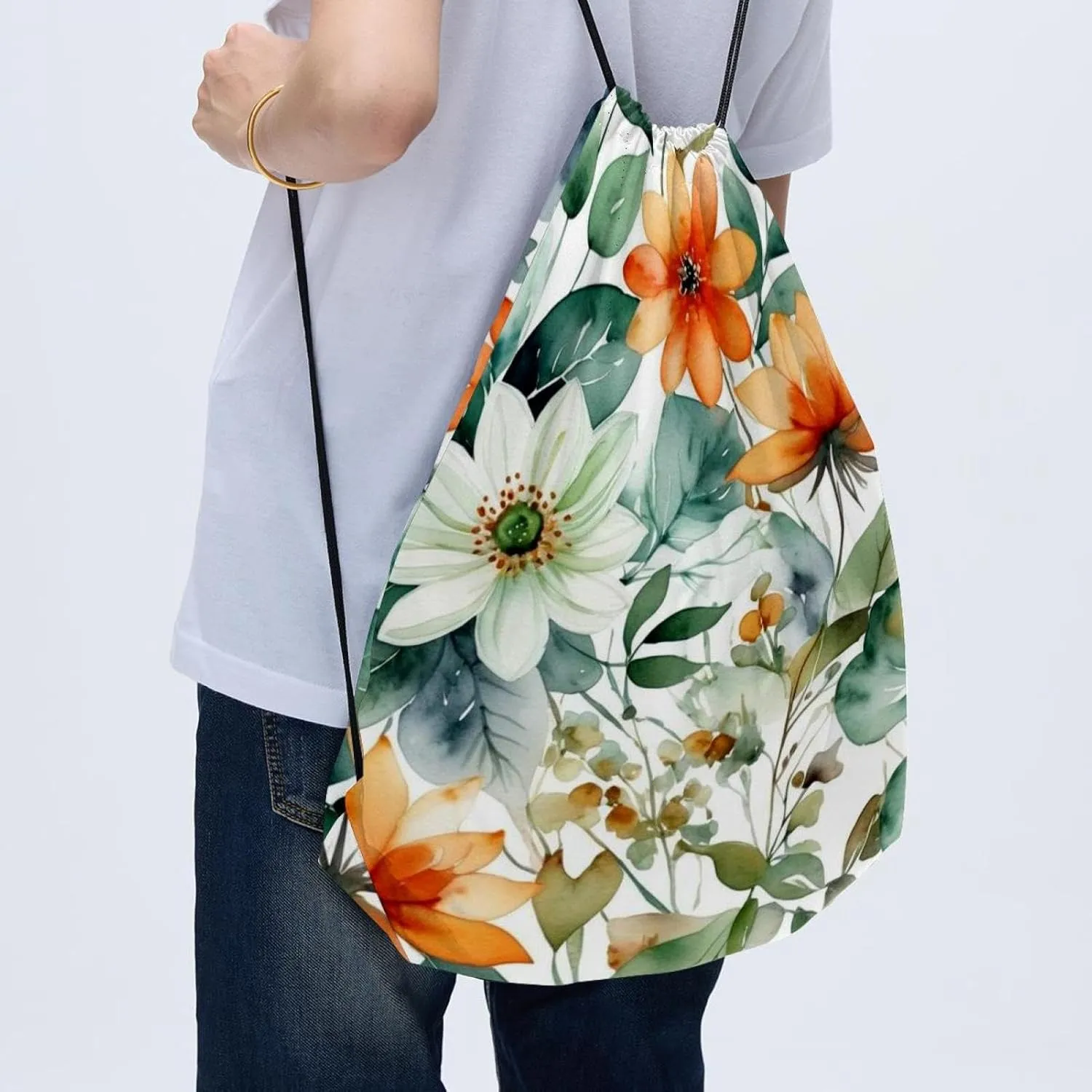 2 Pieces Drawstring Backpacks, Flowers and Green Leaves Draw String Back Bag Drawstring Bags for Sports, Gym, Travel, Swimming, Beach