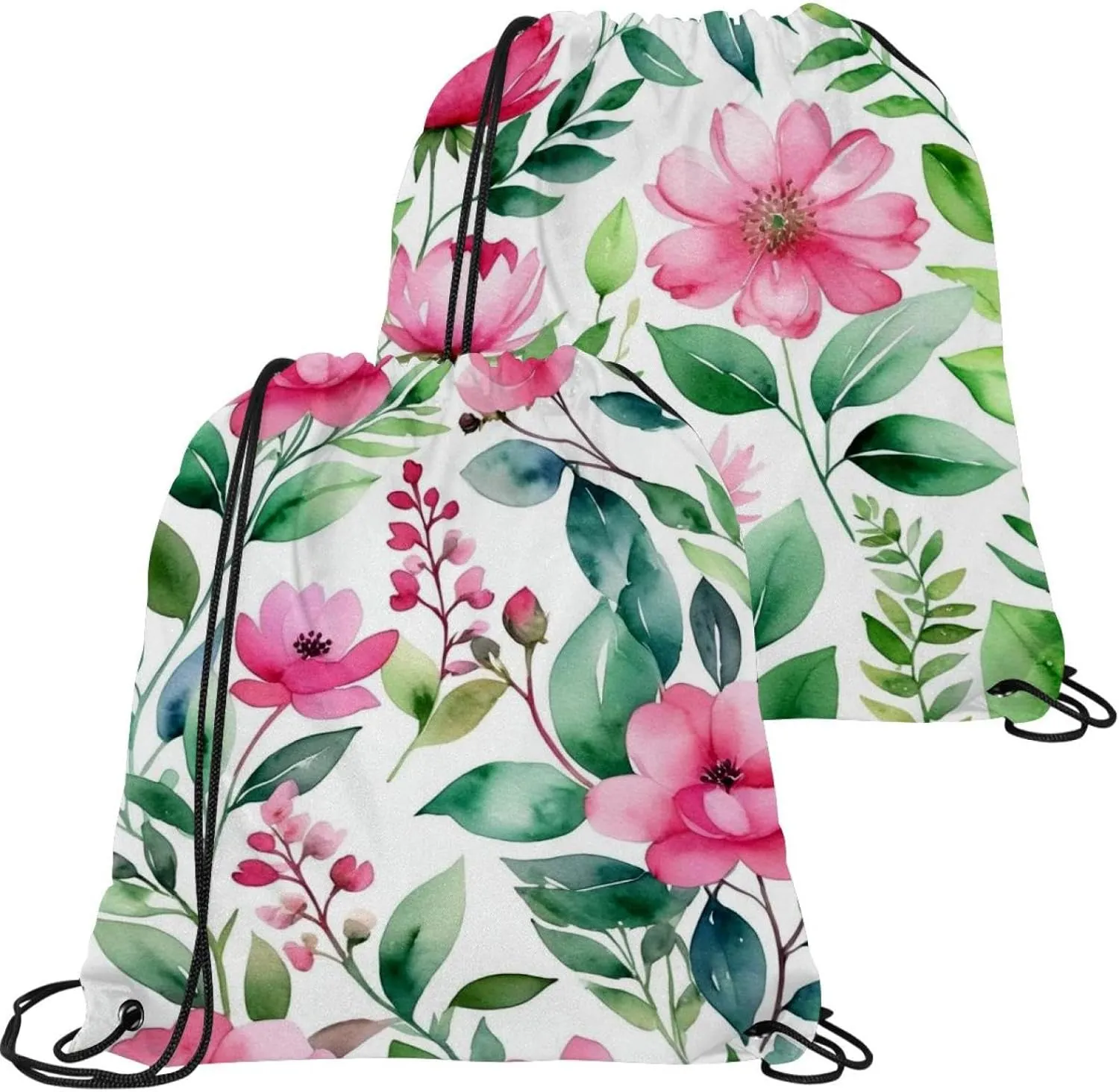 2 Pieces Drawstring Backpacks, Flowers and Green Leaves Draw String Back Bag Drawstring Bags for Sports, Gym, Travel, Swimming, Beach