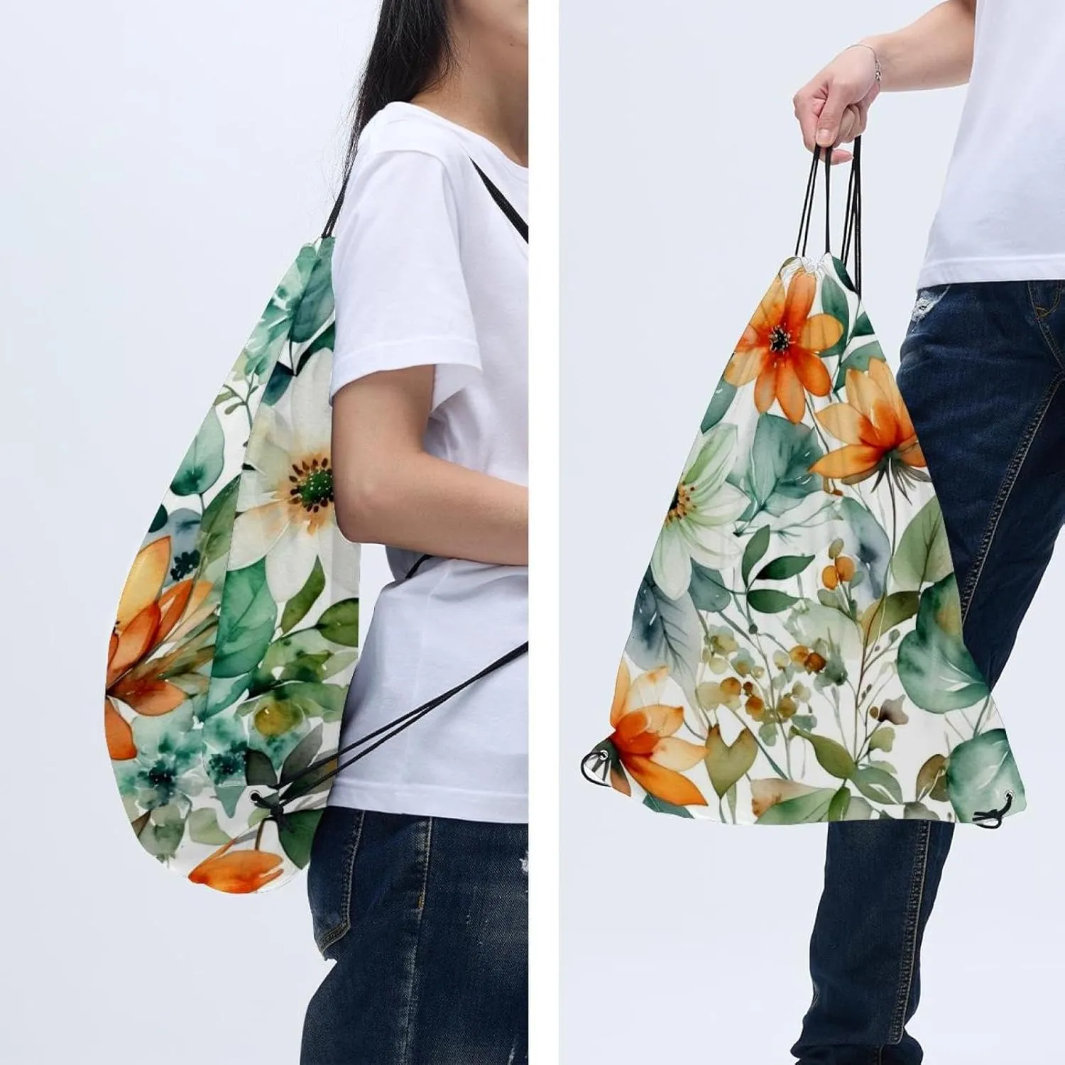 2 Pieces Drawstring Backpacks, Flowers and Green Leaves Draw String Back Bag Drawstring Bags for Sports, Gym, Travel, Swimming, Beach