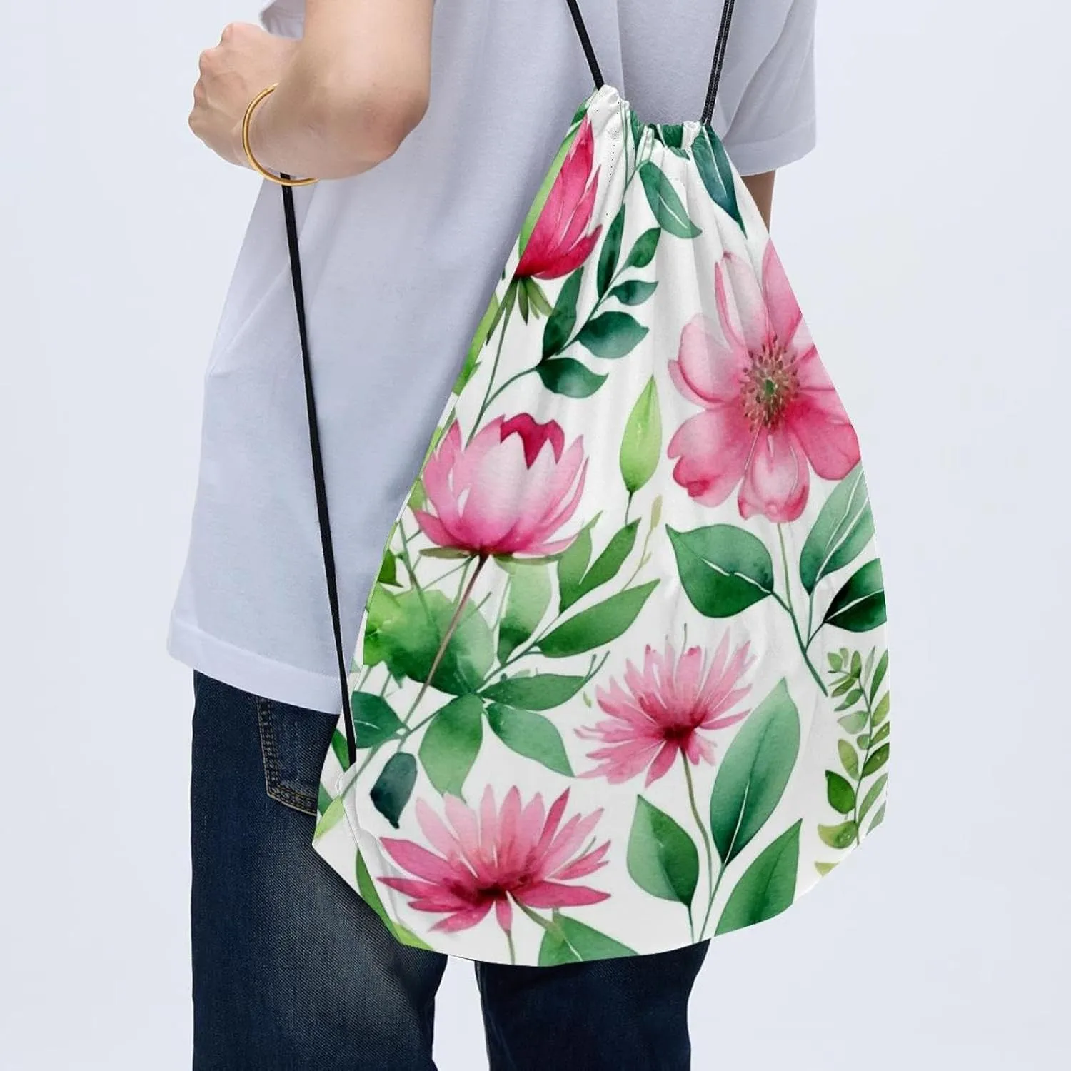 2 Pieces Drawstring Backpacks, Flowers and Green Leaves Draw String Back Bag Drawstring Bags for Sports, Gym, Travel, Swimming, Beach