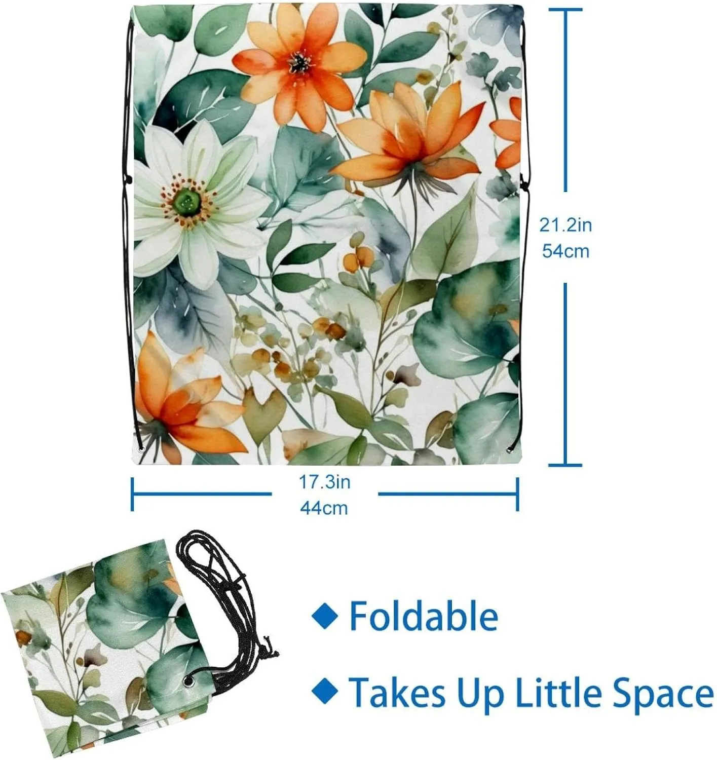 2 Pieces Drawstring Backpacks, Flowers and Green Leaves Draw String Back Bag Drawstring Bags for Sports, Gym, Travel, Swimming, Beach
