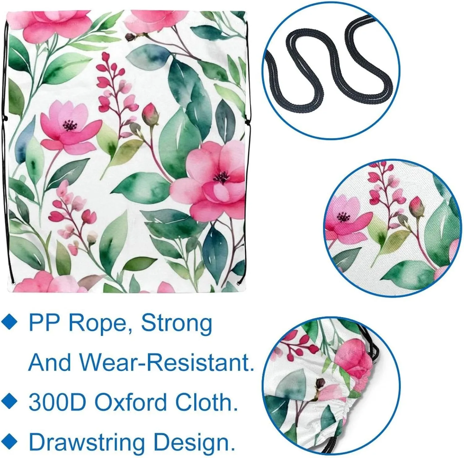 2 Pieces Drawstring Backpacks, Flowers and Green Leaves Draw String Back Bag Drawstring Bags for Sports, Gym, Travel, Swimming, Beach