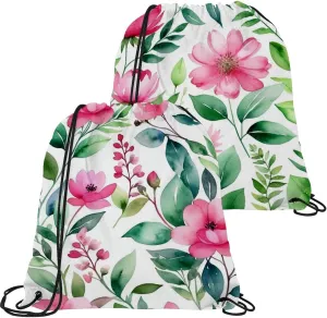 2 Pieces Drawstring Backpacks, Flowers and Green Leaves Draw String Back Bag Drawstring Bags for Sports, Gym, Travel, Swimming, Beach