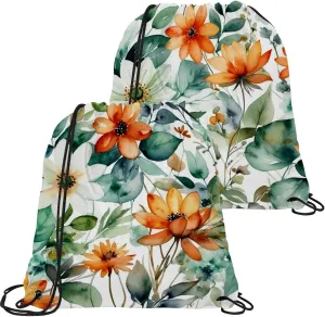 2 Pieces Drawstring Backpacks, Flowers and Green Leaves Draw String Back Bag Drawstring Bags for Sports, Gym, Travel, Swimming, Beach