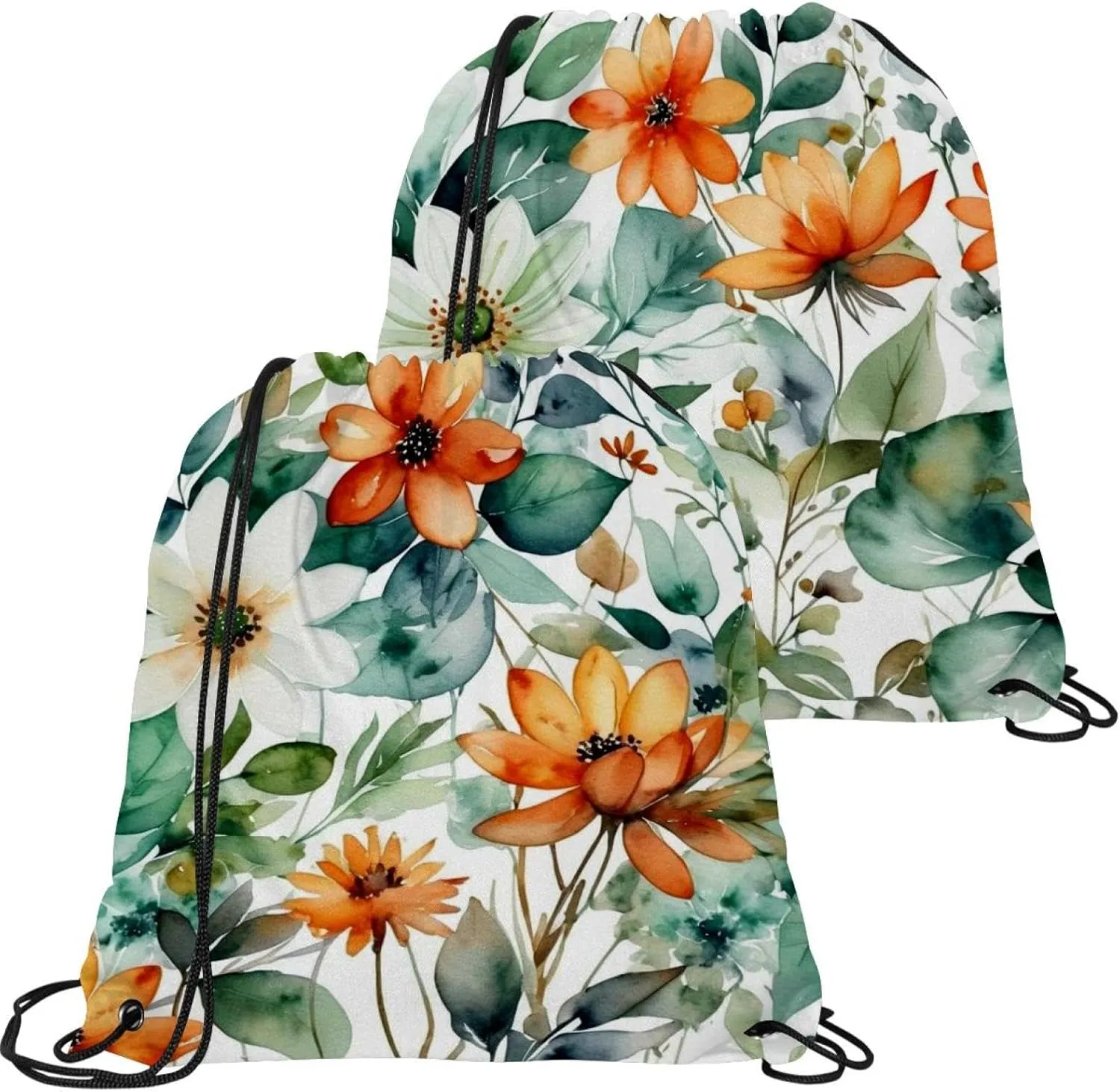 2 Pieces Drawstring Backpacks, Flowers and Green Leaves Draw String Back Bag Drawstring Bags for Sports, Gym, Travel, Swimming, Beach