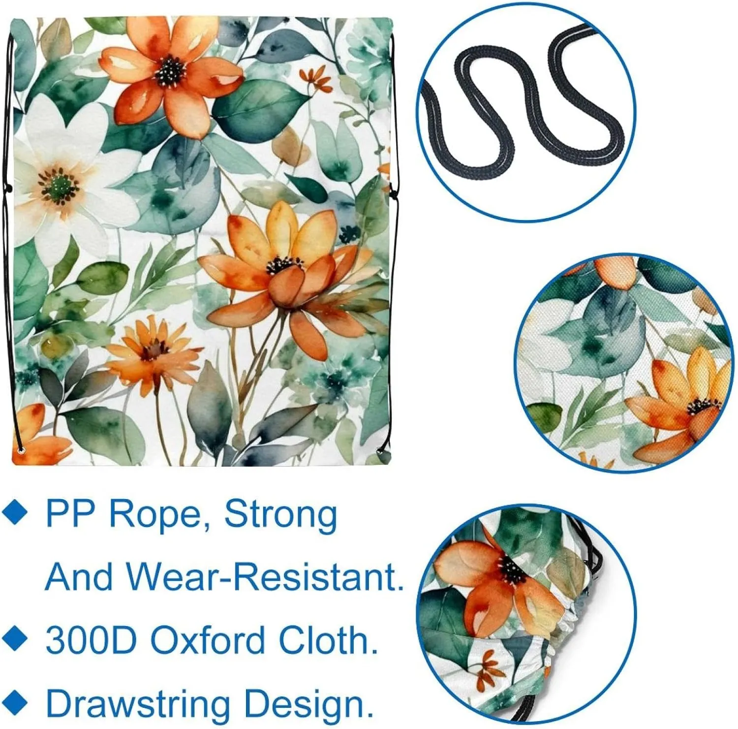 2 Pieces Drawstring Backpacks, Flowers and Green Leaves Draw String Back Bag Drawstring Bags for Sports, Gym, Travel, Swimming, Beach