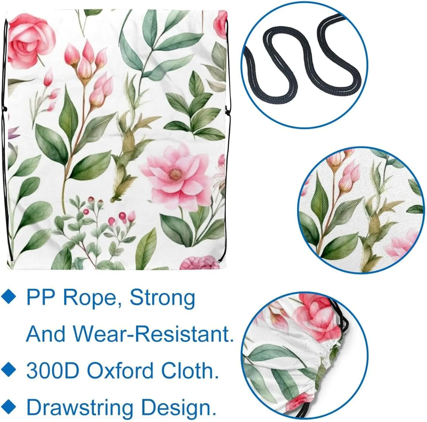 2 Pieces Drawstring Backpacks, Pink Flowers with Leaves Draw String Back Bag Drawstring Bags for Sports, Gym, Travel, Swimming, Beach