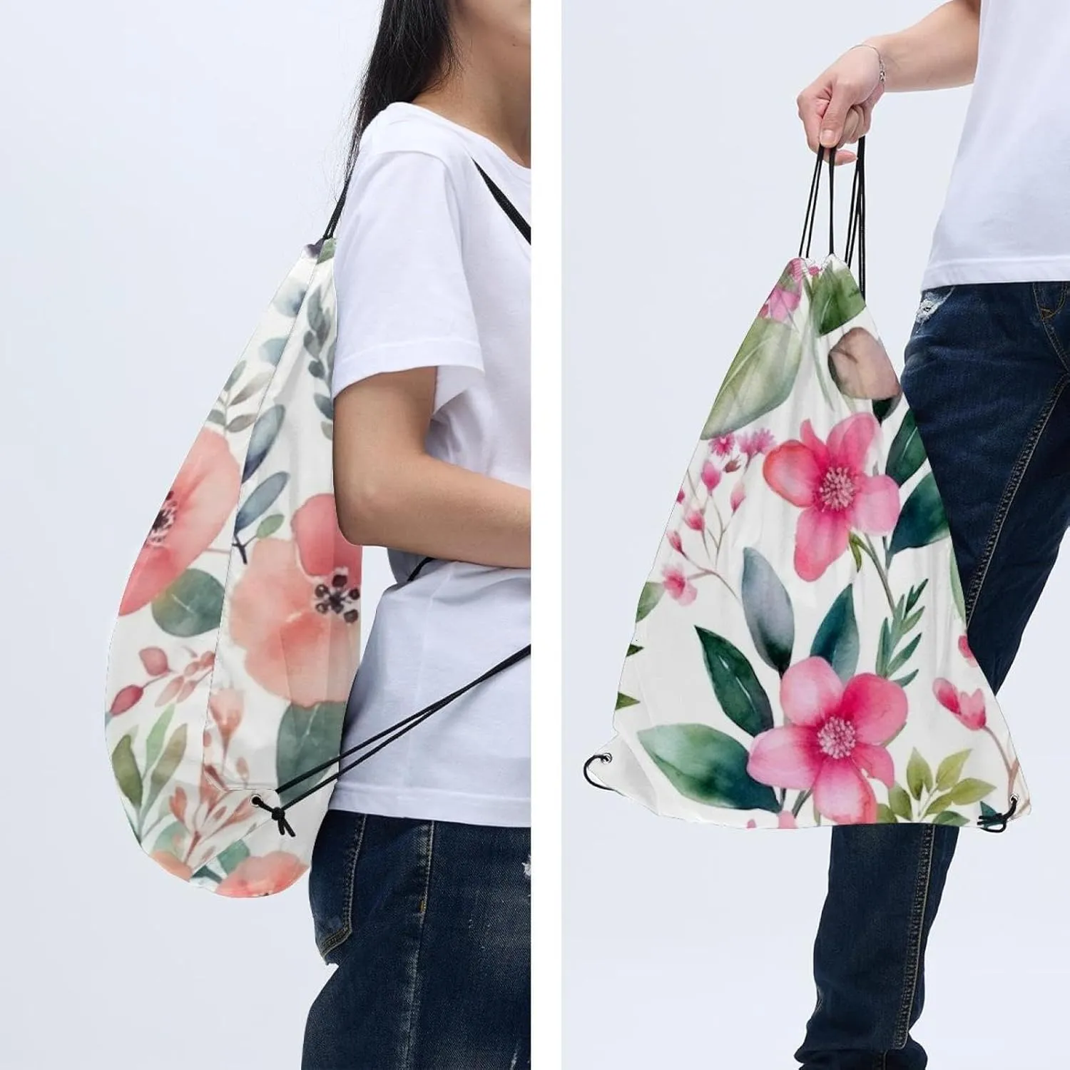 2 Pieces Drawstring Backpacks, Pink Flowers with Leaves Draw String Back Bag Drawstring Bags for Sports, Gym, Travel, Swimming, Beach