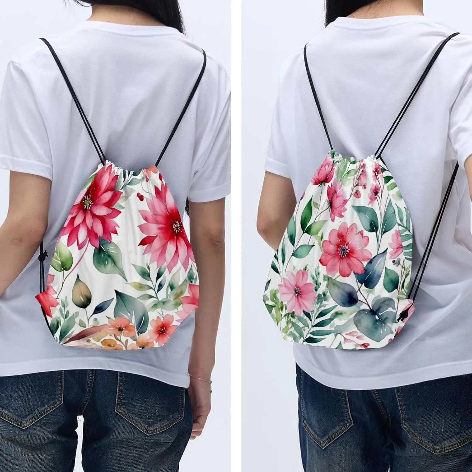 2 Pieces Drawstring Backpacks, Pink Flowers with Leaves Draw String Back Bag Drawstring Bags for Sports, Gym, Travel, Swimming, Beach
