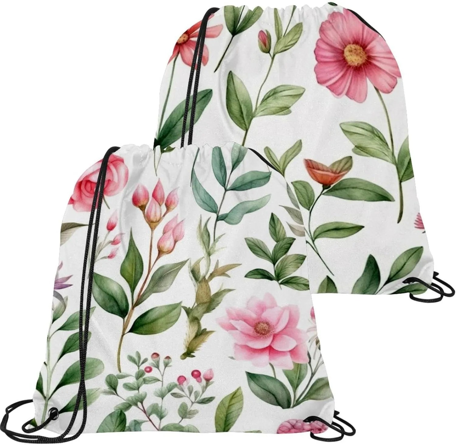 2 Pieces Drawstring Backpacks, Pink Flowers with Leaves Draw String Back Bag Drawstring Bags for Sports, Gym, Travel, Swimming, Beach