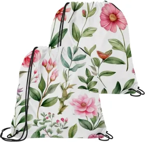 2 Pieces Drawstring Backpacks, Pink Flowers with Leaves Draw String Back Bag Drawstring Bags for Sports, Gym, Travel, Swimming, Beach