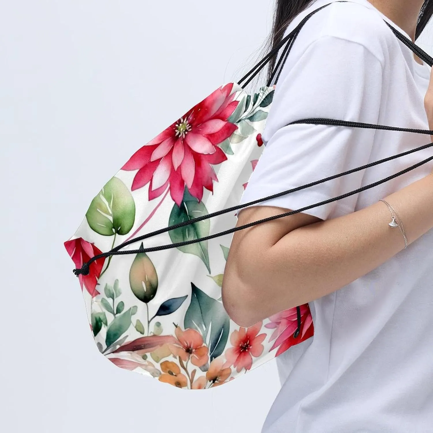 2 Pieces Drawstring Backpacks, Pink Flowers with Leaves Draw String Back Bag Drawstring Bags for Sports, Gym, Travel, Swimming, Beach