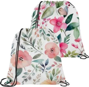 2 Pieces Drawstring Backpacks, Pink Flowers with Leaves Draw String Back Bag Drawstring Bags for Sports, Gym, Travel, Swimming, Beach