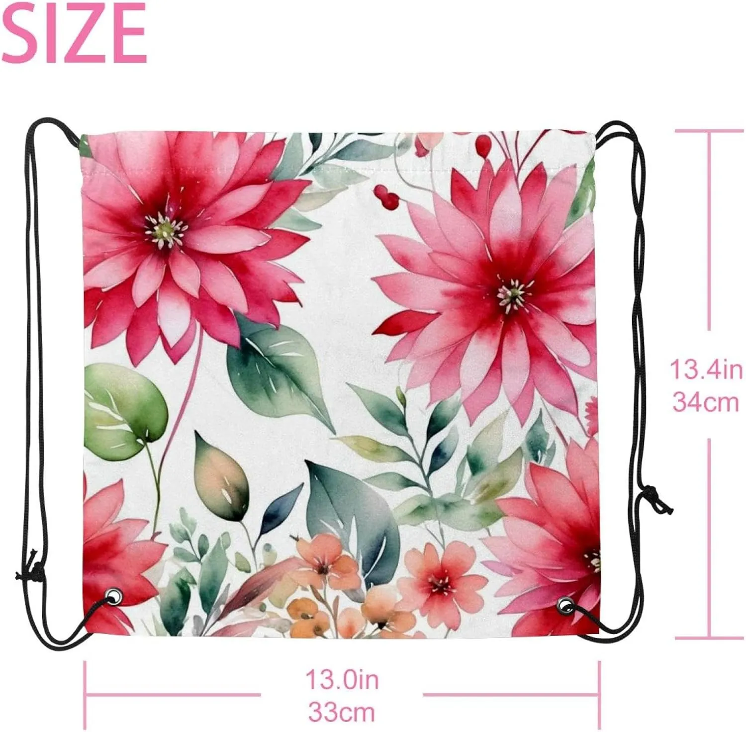 2 Pieces Drawstring Backpacks, Pink Flowers with Leaves Draw String Back Bag Drawstring Bags for Sports, Gym, Travel, Swimming, Beach