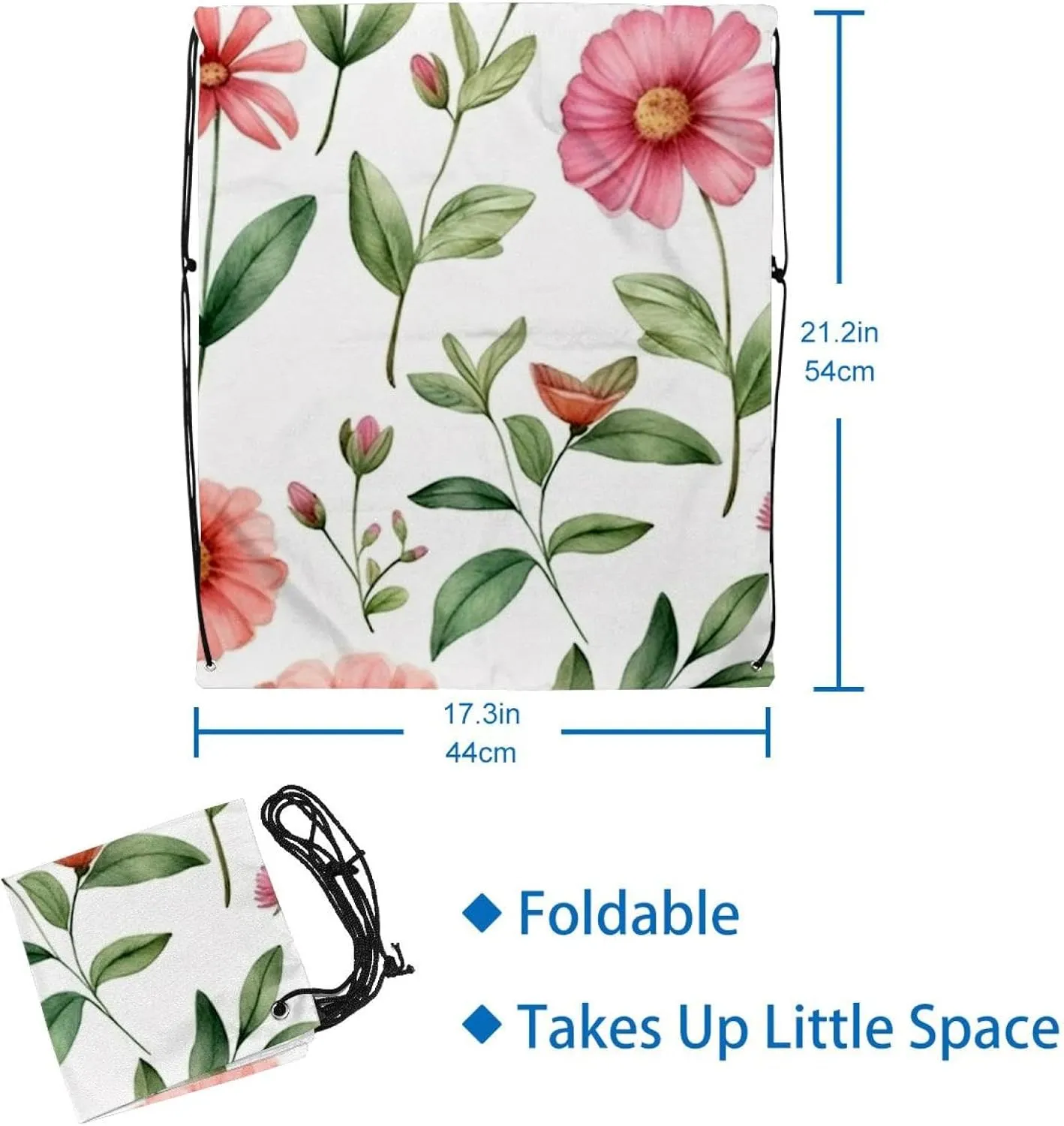 2 Pieces Drawstring Backpacks, Pink Flowers with Leaves Draw String Back Bag Drawstring Bags for Sports, Gym, Travel, Swimming, Beach