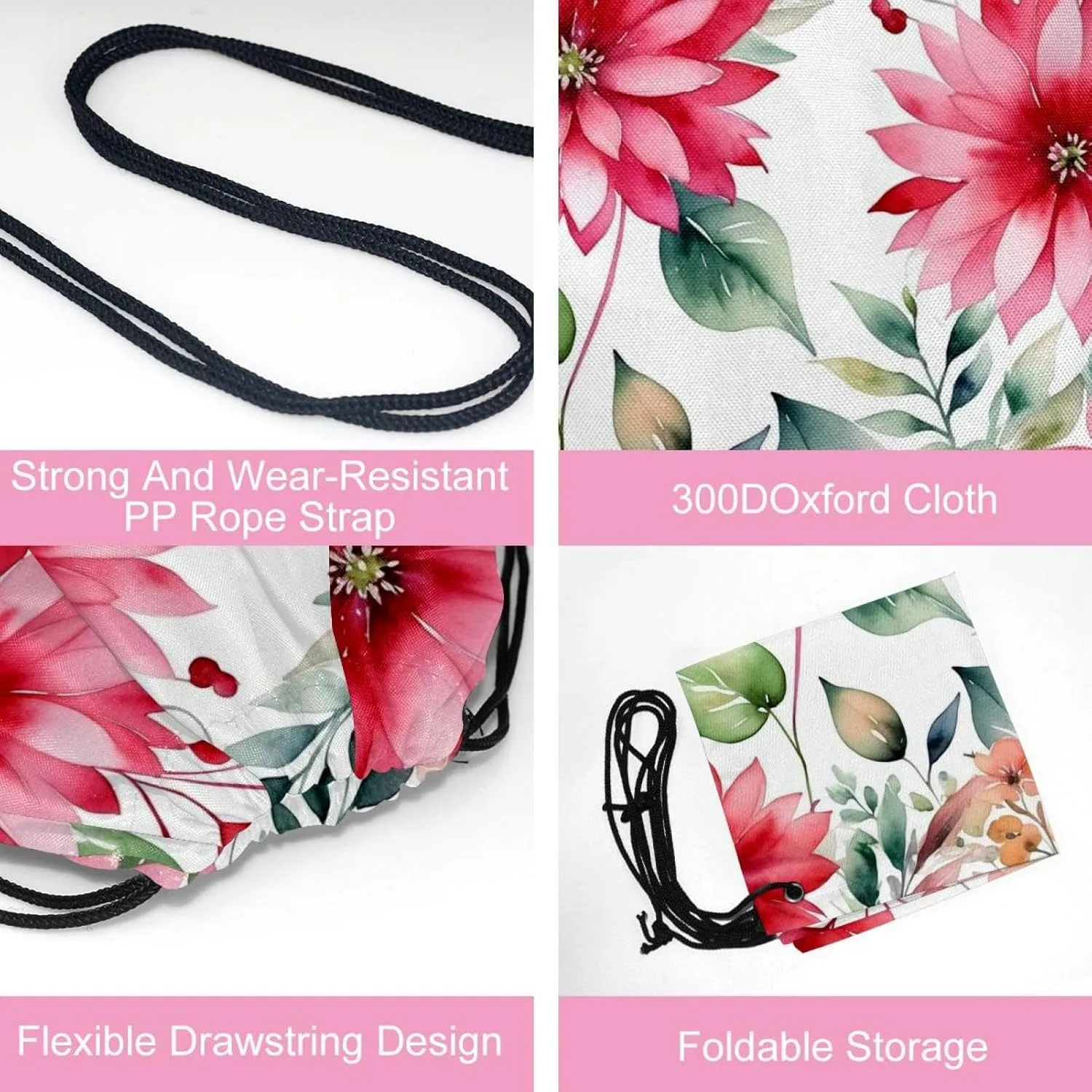 2 Pieces Drawstring Backpacks, Pink Flowers with Leaves Draw String Back Bag Drawstring Bags for Sports, Gym, Travel, Swimming, Beach