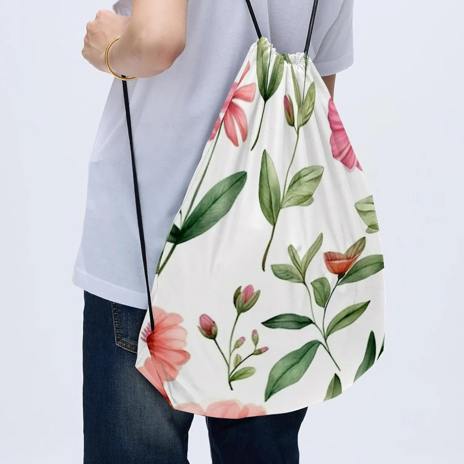 2 Pieces Drawstring Backpacks, Pink Flowers with Leaves Draw String Back Bag Drawstring Bags for Sports, Gym, Travel, Swimming, Beach