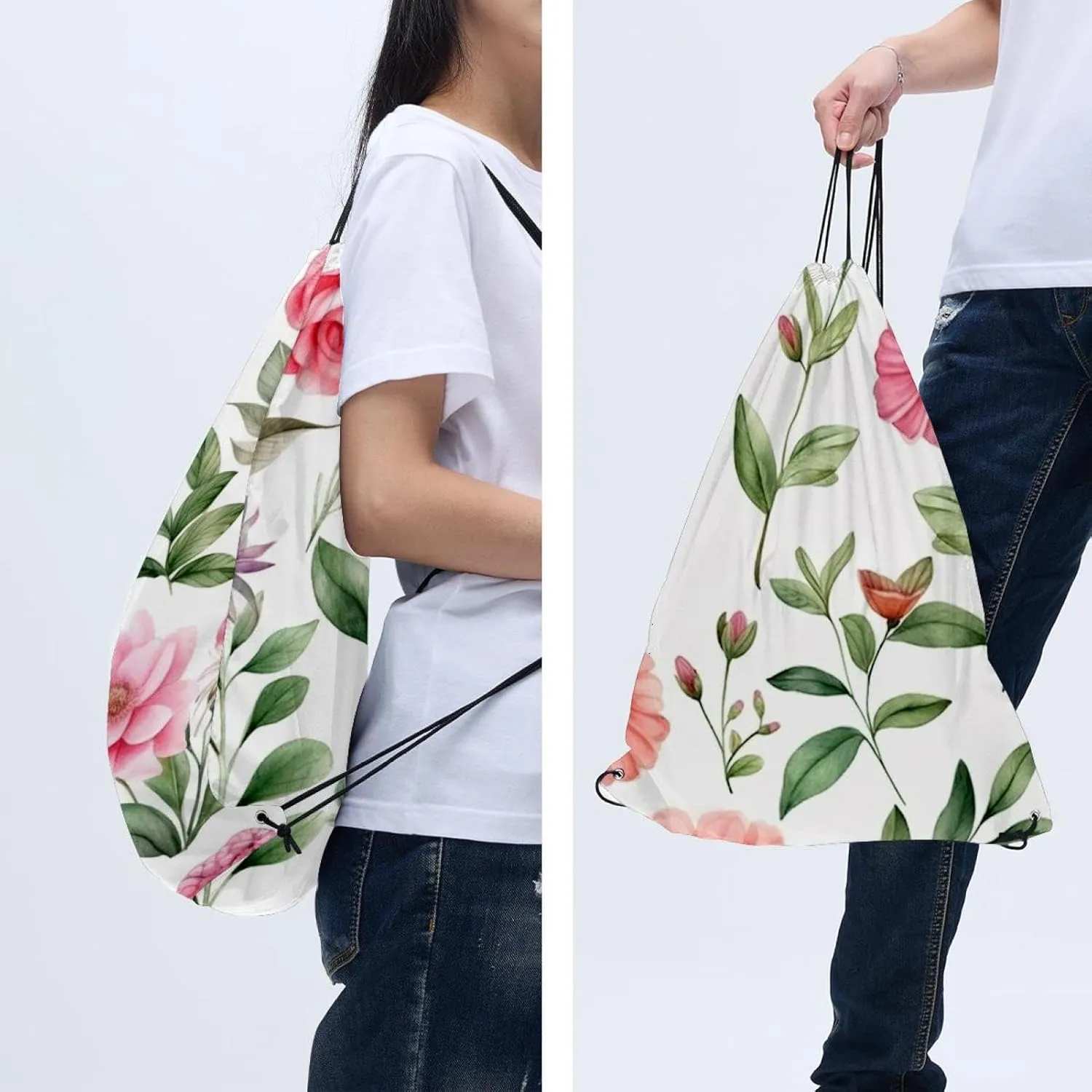 2 Pieces Drawstring Backpacks, Pink Flowers with Leaves Draw String Back Bag Drawstring Bags for Sports, Gym, Travel, Swimming, Beach