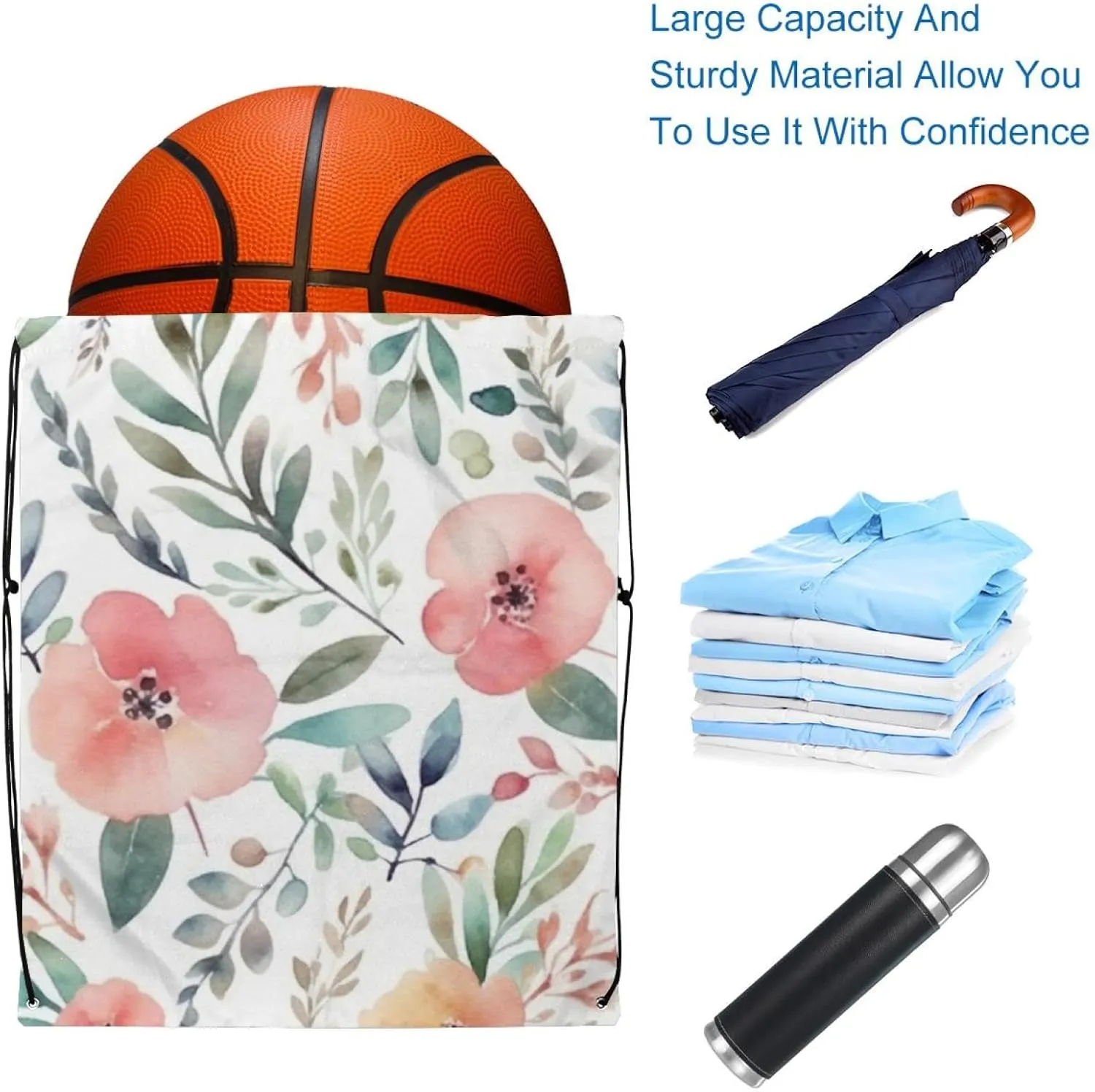 2 Pieces Drawstring Backpacks, Pink Flowers with Leaves Draw String Back Bag Drawstring Bags for Sports, Gym, Travel, Swimming, Beach