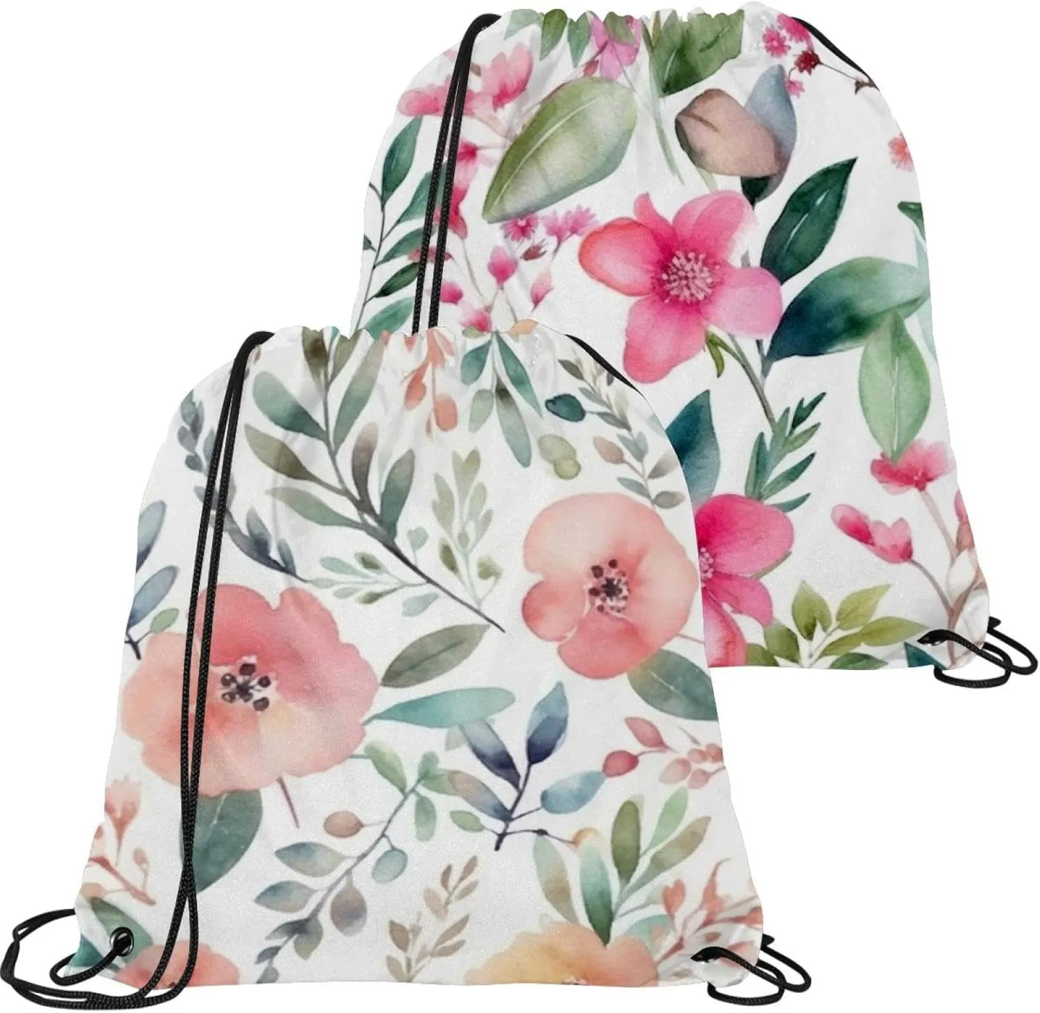 2 Pieces Drawstring Backpacks, Pink Flowers with Leaves Draw String Back Bag Drawstring Bags for Sports, Gym, Travel, Swimming, Beach