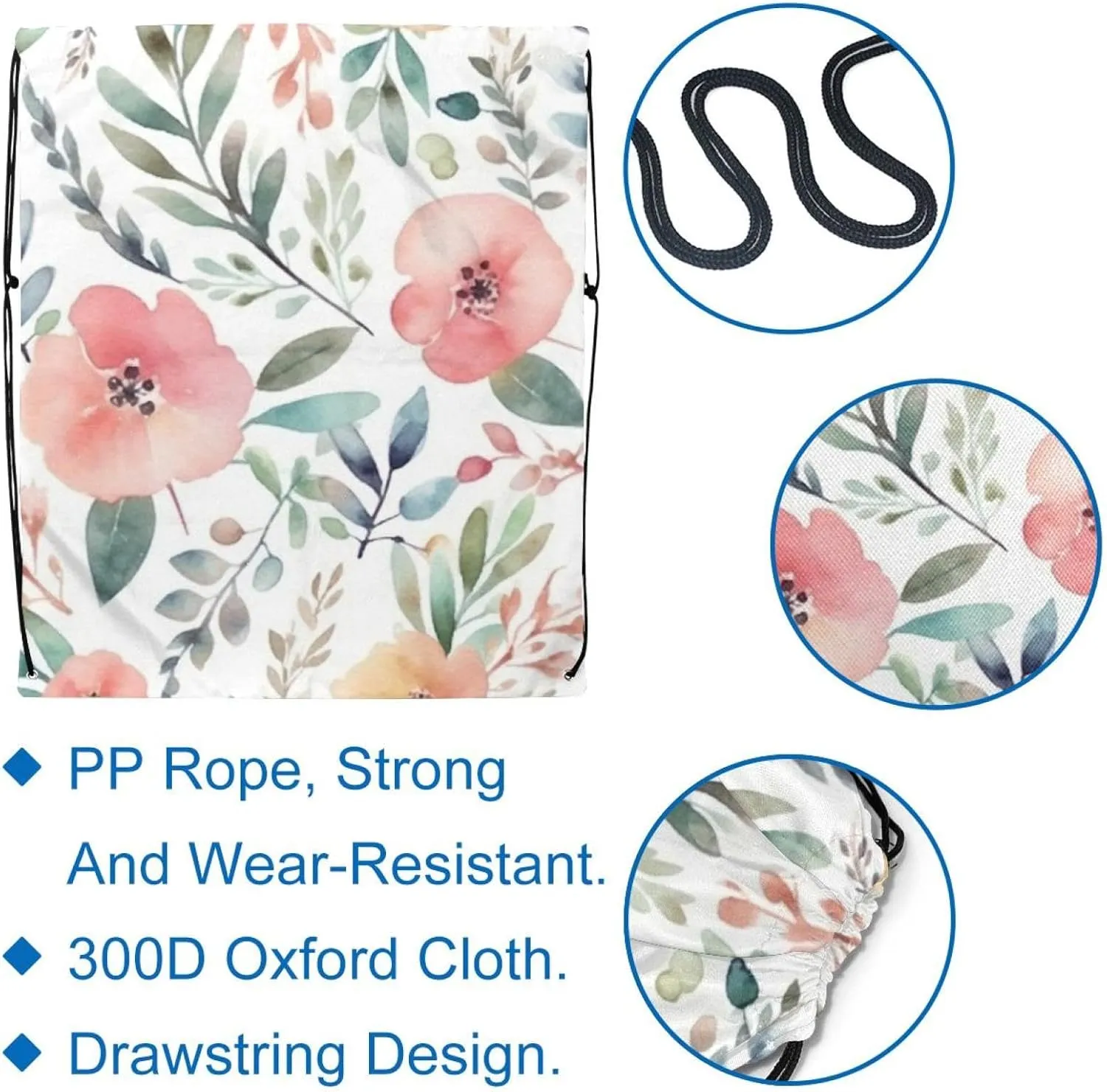 2 Pieces Drawstring Backpacks, Pink Flowers with Leaves Draw String Back Bag Drawstring Bags for Sports, Gym, Travel, Swimming, Beach