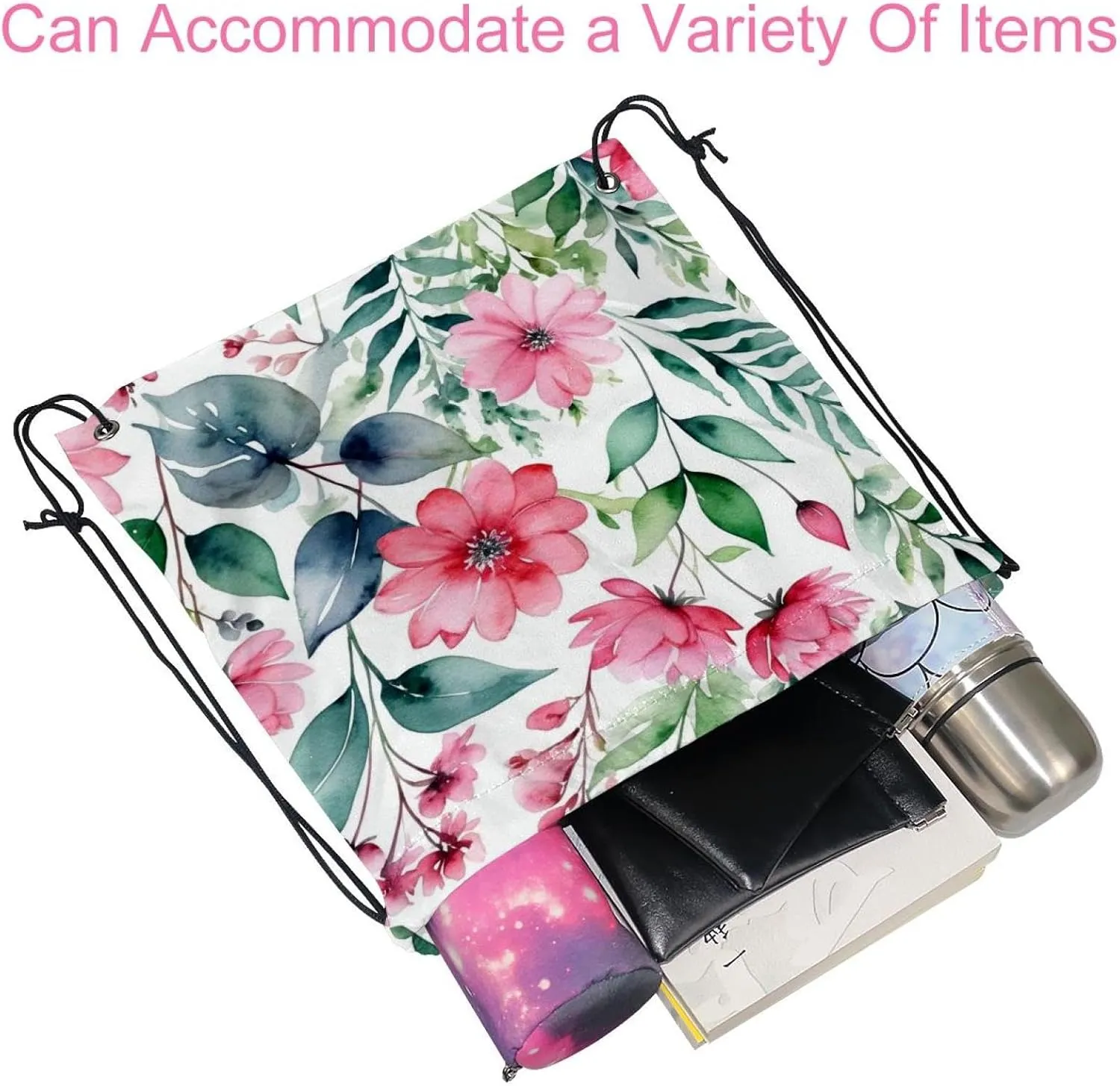 2 Pieces Drawstring Backpacks, Pink Flowers with Leaves Draw String Back Bag Drawstring Bags for Sports, Gym, Travel, Swimming, Beach