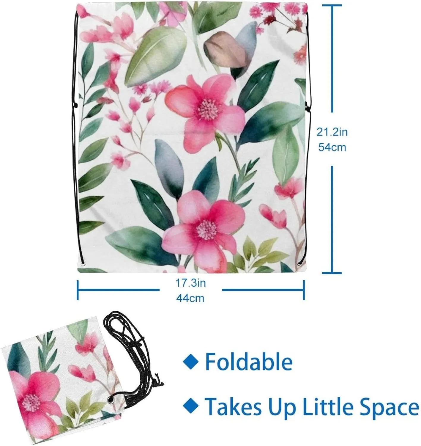 2 Pieces Drawstring Backpacks, Pink Flowers with Leaves Draw String Back Bag Drawstring Bags for Sports, Gym, Travel, Swimming, Beach